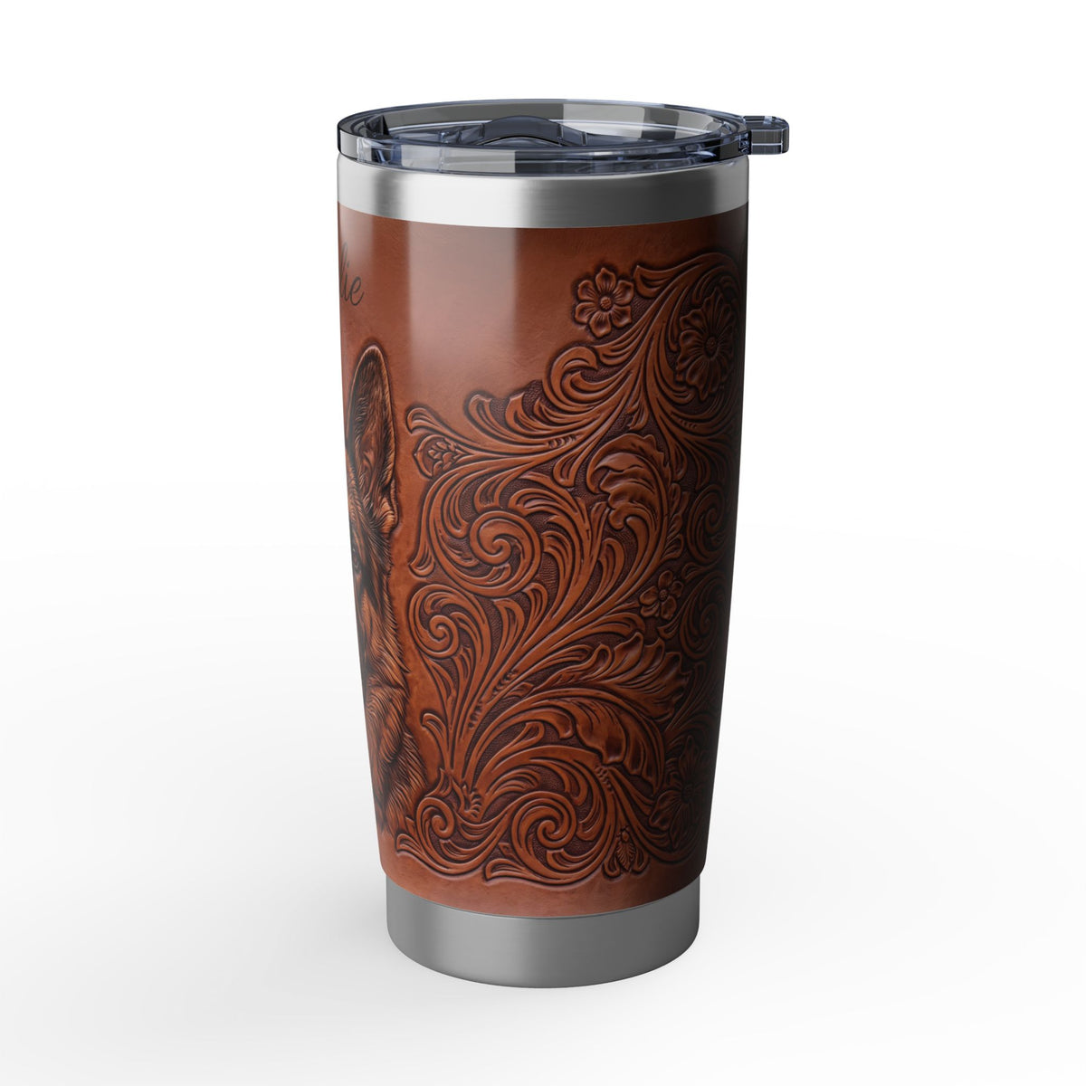 German Shepherd Personalized Tumbler | Tooled Leather Art — 20 oz Stainless Travel Mug
