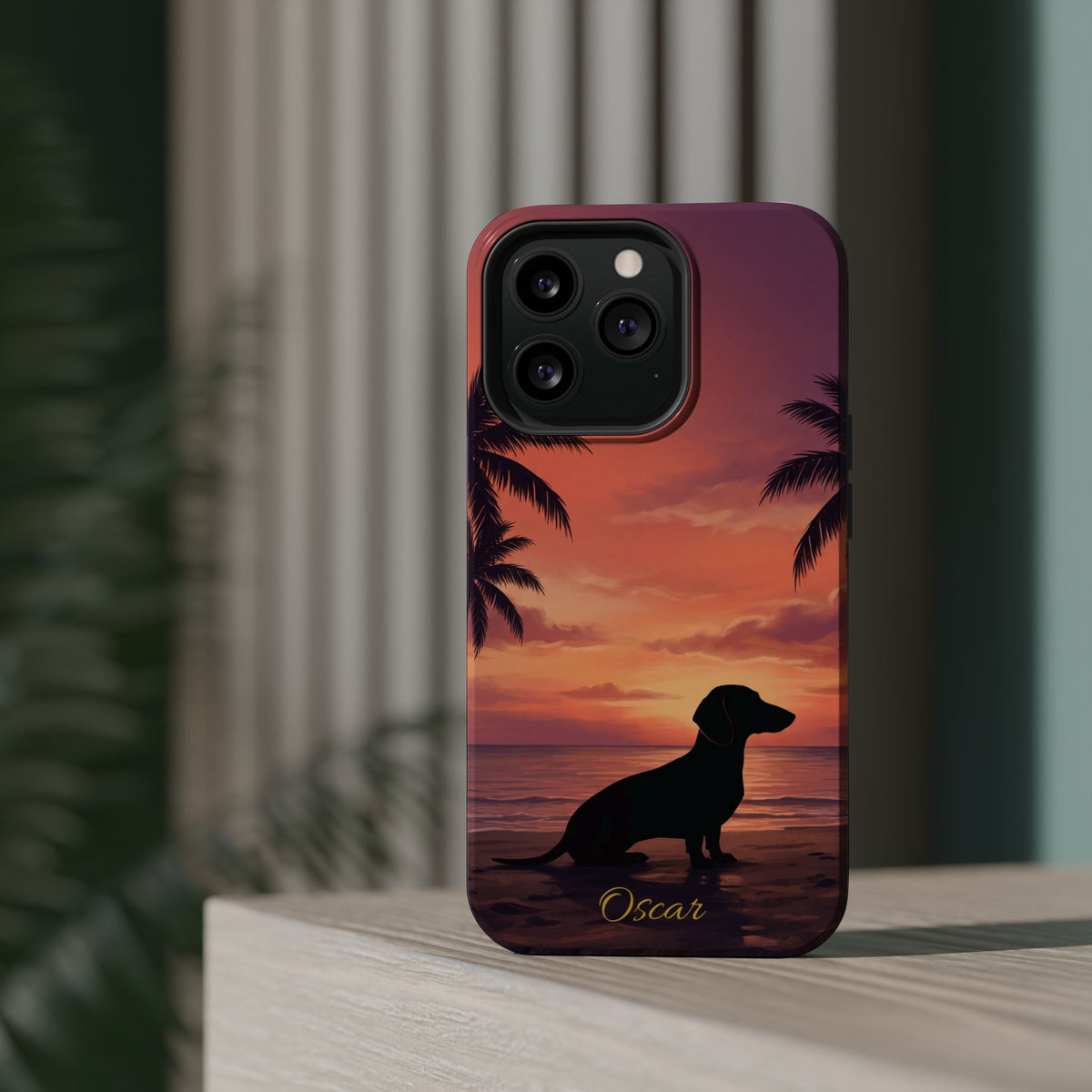 Personalized Dachshund Tropical Beach Sunset Phone Case — Wireless Charging Cover