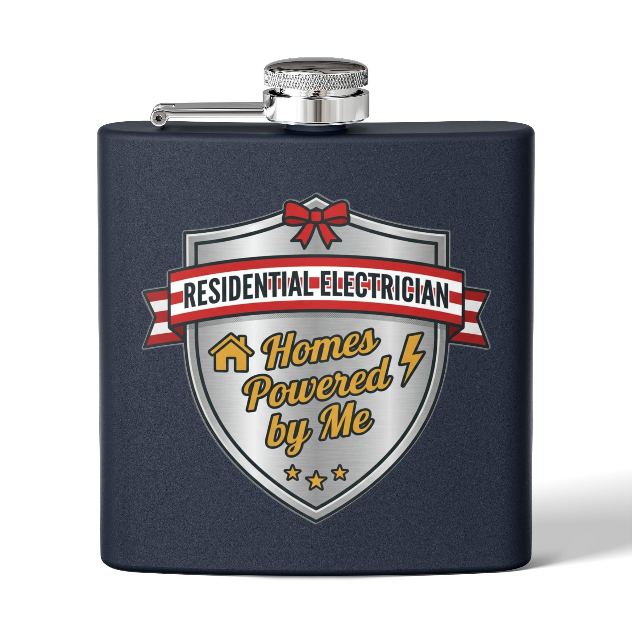 Flask — "Residential Electrician: Homes Powered by Me" (Shield Badge) 6oz Stainless Steel Hip Flask