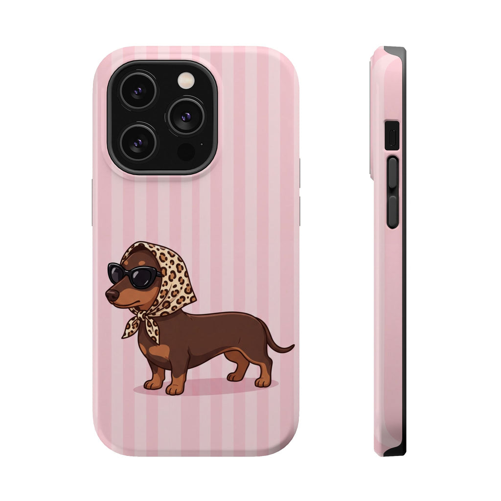 Glam Dachshund Phone Case | Cute Sausage Dog in Leopard Scarf & Sunglasses | Pink Stripe Case for iPhone & Samsung