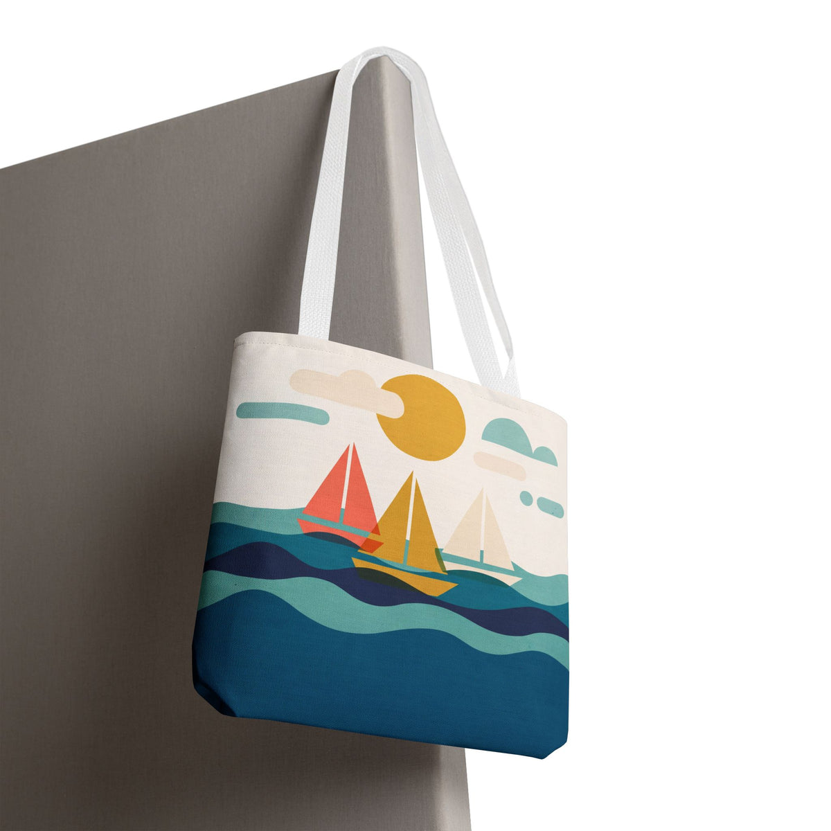 Minimalist Sailboat Tote Bag – Mid-Century Modern Ocean Waves Beach Bag