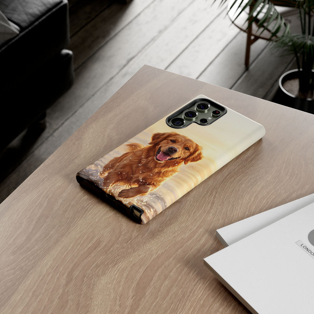 Golden Retriever Splashing in Water Phone Case | Joyful Dog at Golden Hour | iPhone & Samsung