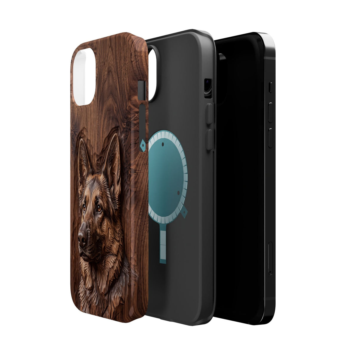 German Shepherd Phone Case | Carved Walnut Art — Tough Magnetic Case with Wireless Charging