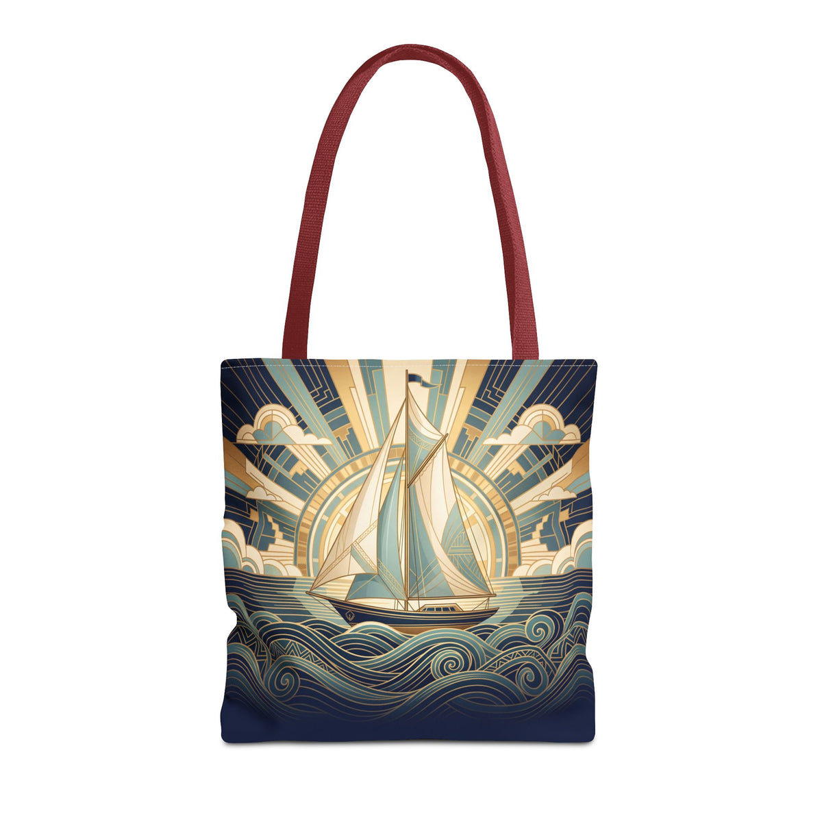 Vintage Art Deco Sailboat Tote Bag – Sunrise Swirling Waves Beach Bag