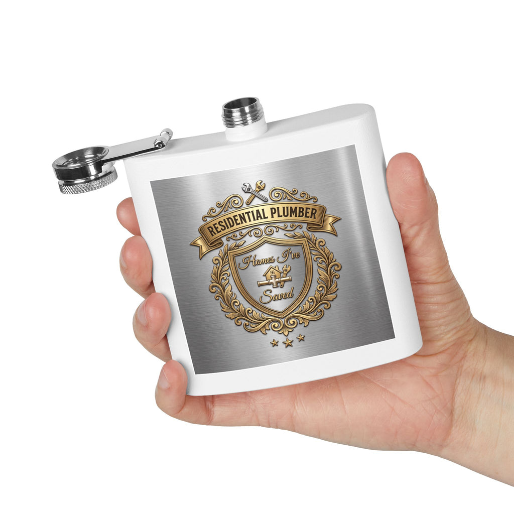 Flask — "Residential Plumber: Homes I've Saved" 6oz Stainless Steel Hip Flask