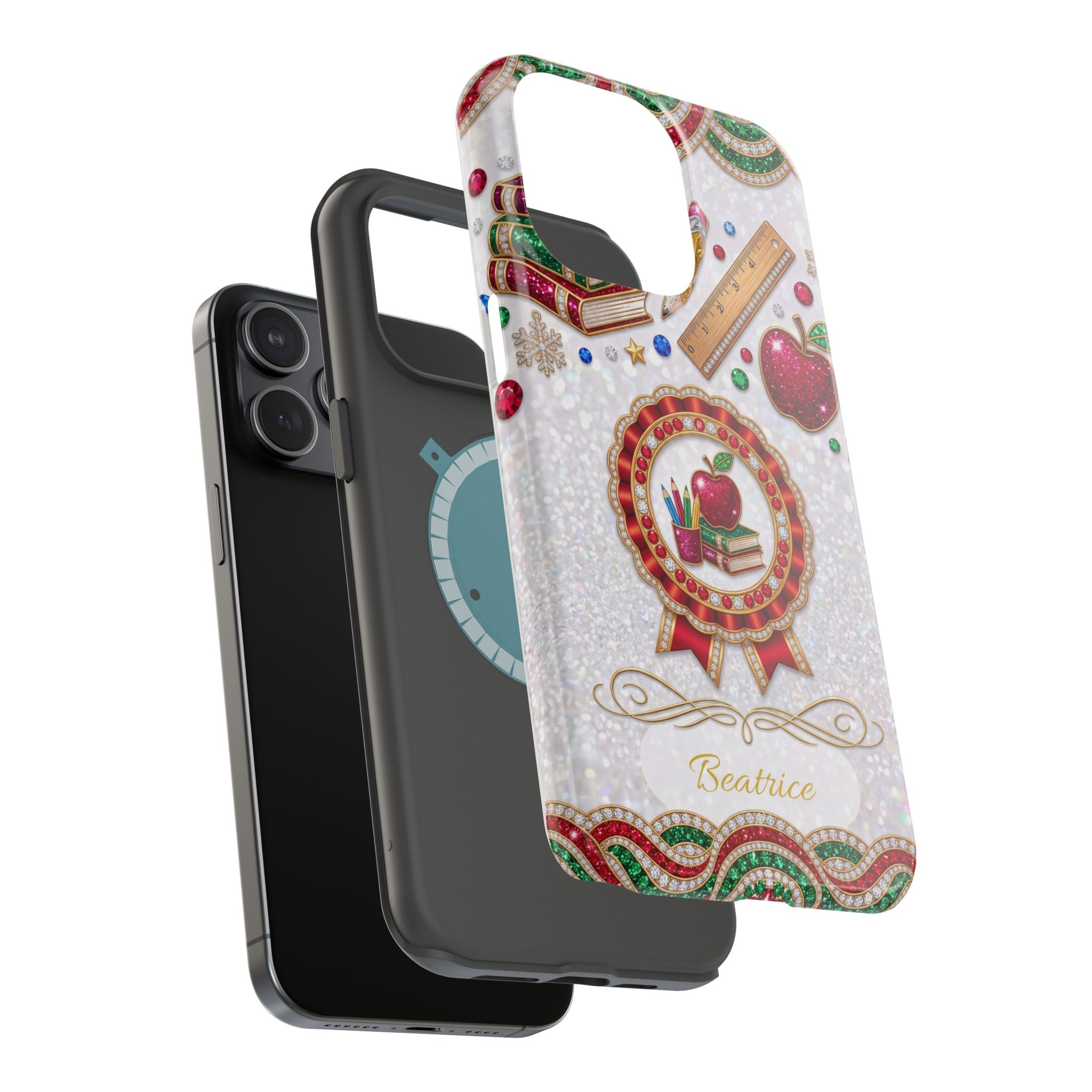 Jeweled Apple Medallion Personalized Teacher Phone Case — Wireless Charging Cover