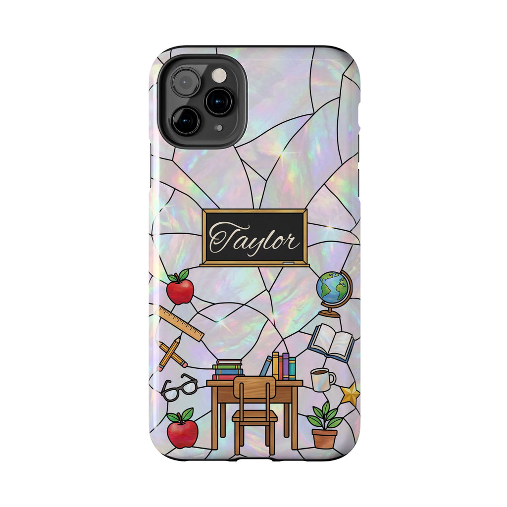 Personalized Teacher Phone Case — Custom Name Stained Glass Classroom Design