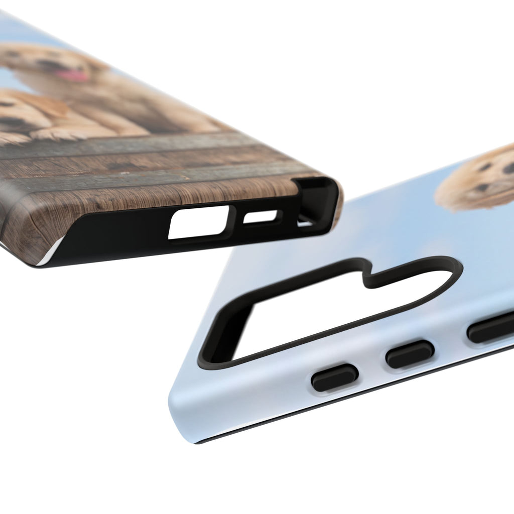 Golden Retriever Puppies on Barrel Phone Case | Cute Duo Under Blue Sky | iPhone & Samsung