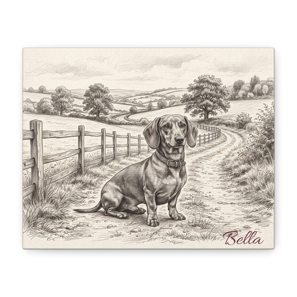 Dachshund Countryside Sketch Personalized Canvas | Rustic Farm Path Wall Art