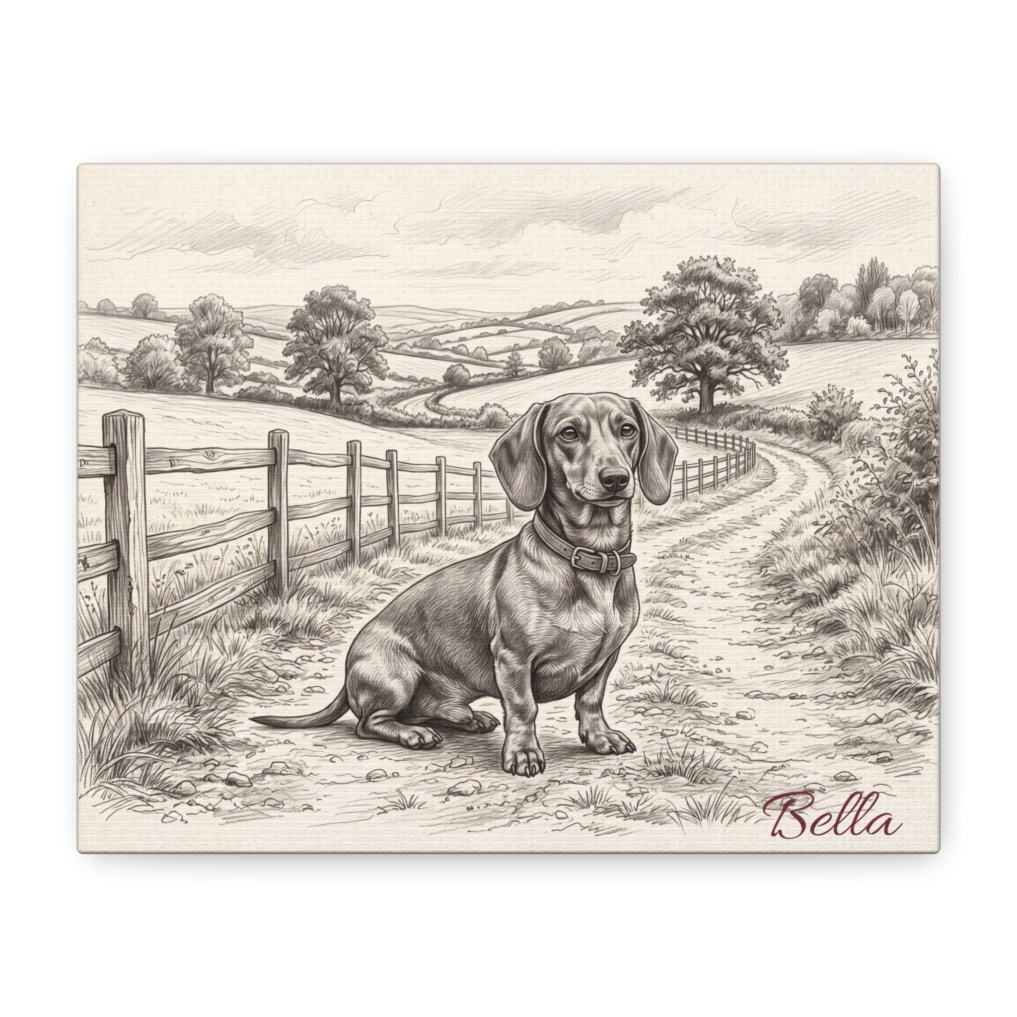 Dachshund Countryside Sketch Personalized Canvas | Rustic Farm Path Wall Art