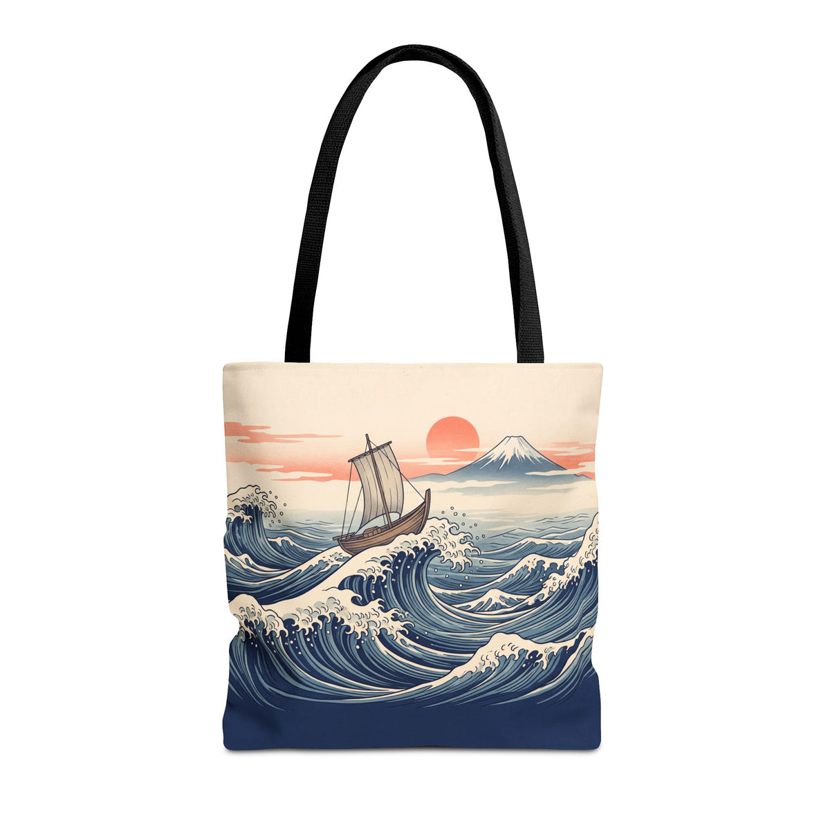Japanese Wave Sailboat Tote Bag – Woodblock Style Ocean Beach Bag