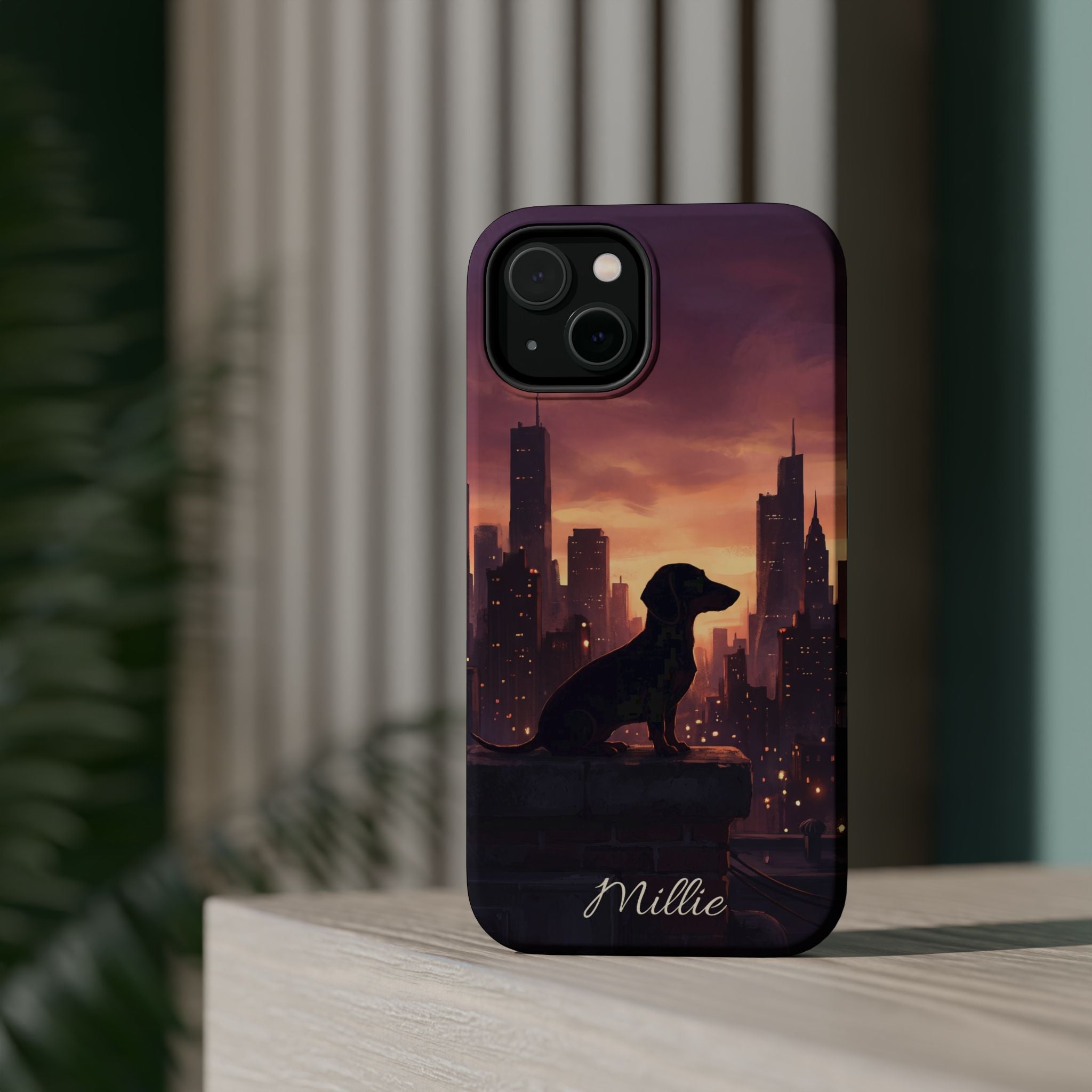 Personalized Dachshund City Skyline Phone Case — Wireless Charging Cover