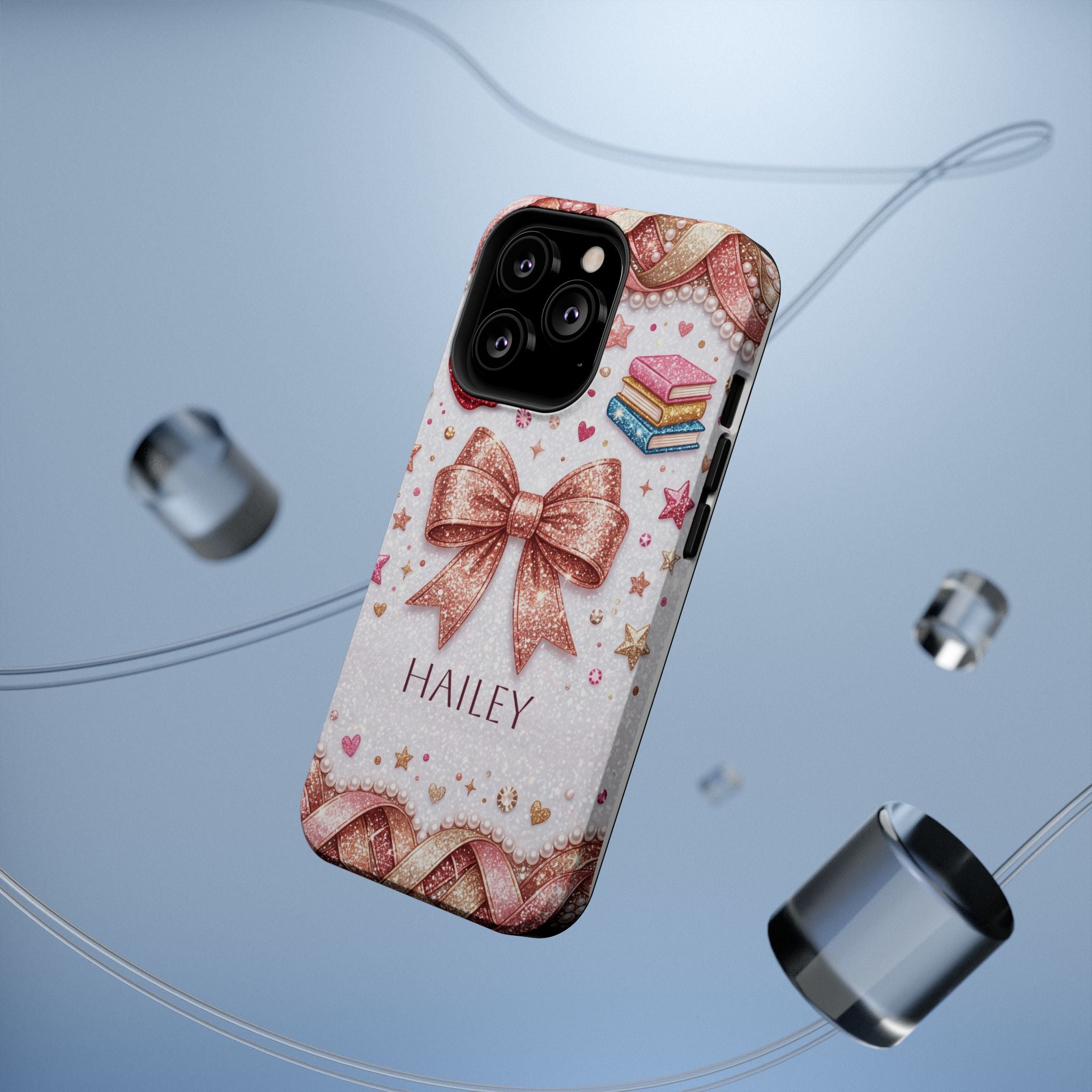 Rose Gold Glitter Bow Personalized Teacher Phone Case — Wireless Charging Cover