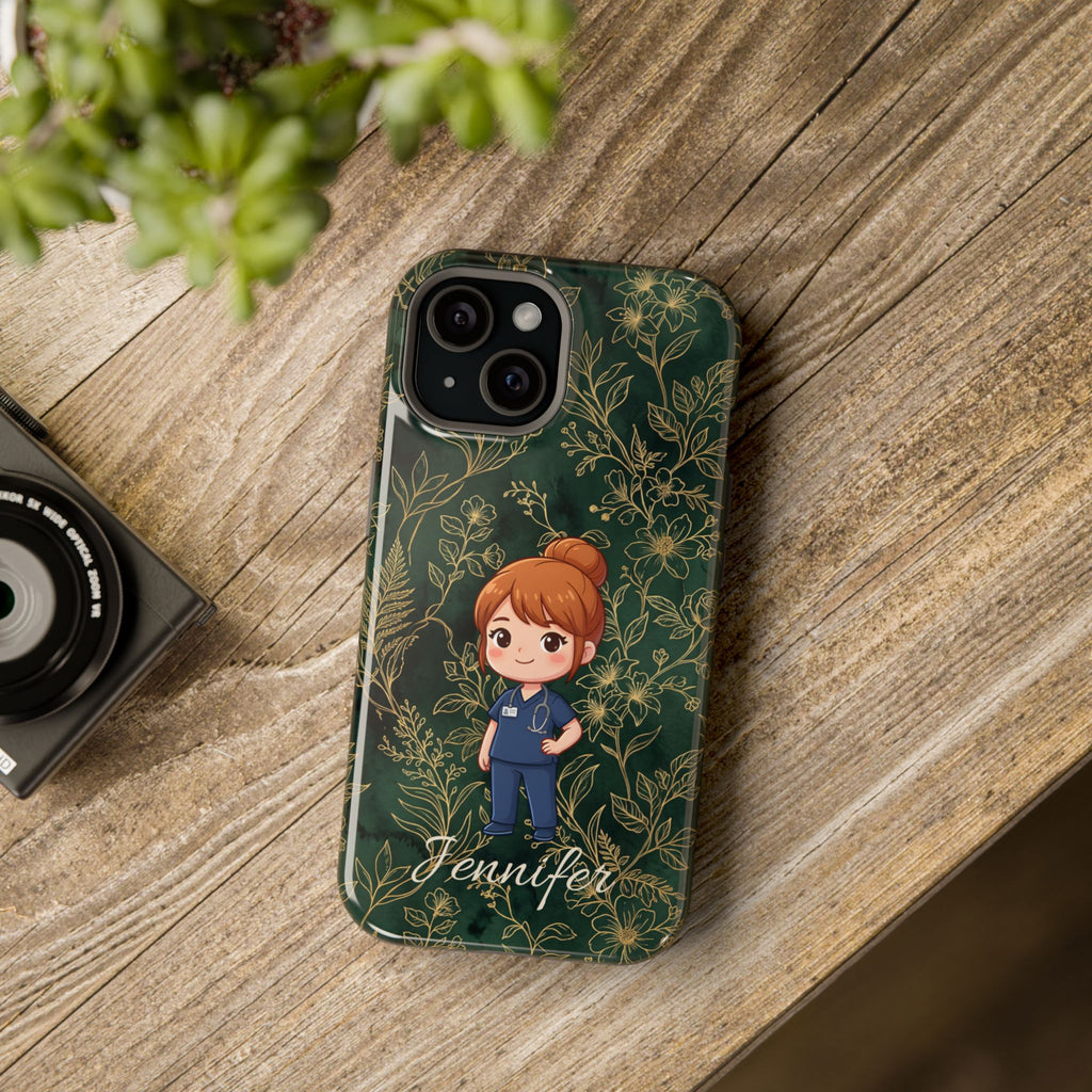Personalized Nurse Botanical Phone Case — Impact-Resistant Wireless Charging Cover