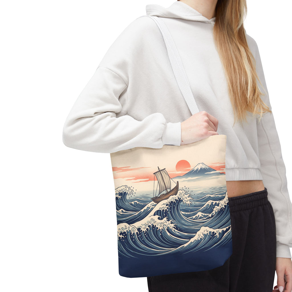 Japanese Wave Sailboat Tote Bag – Woodblock Style Ocean Beach Bag