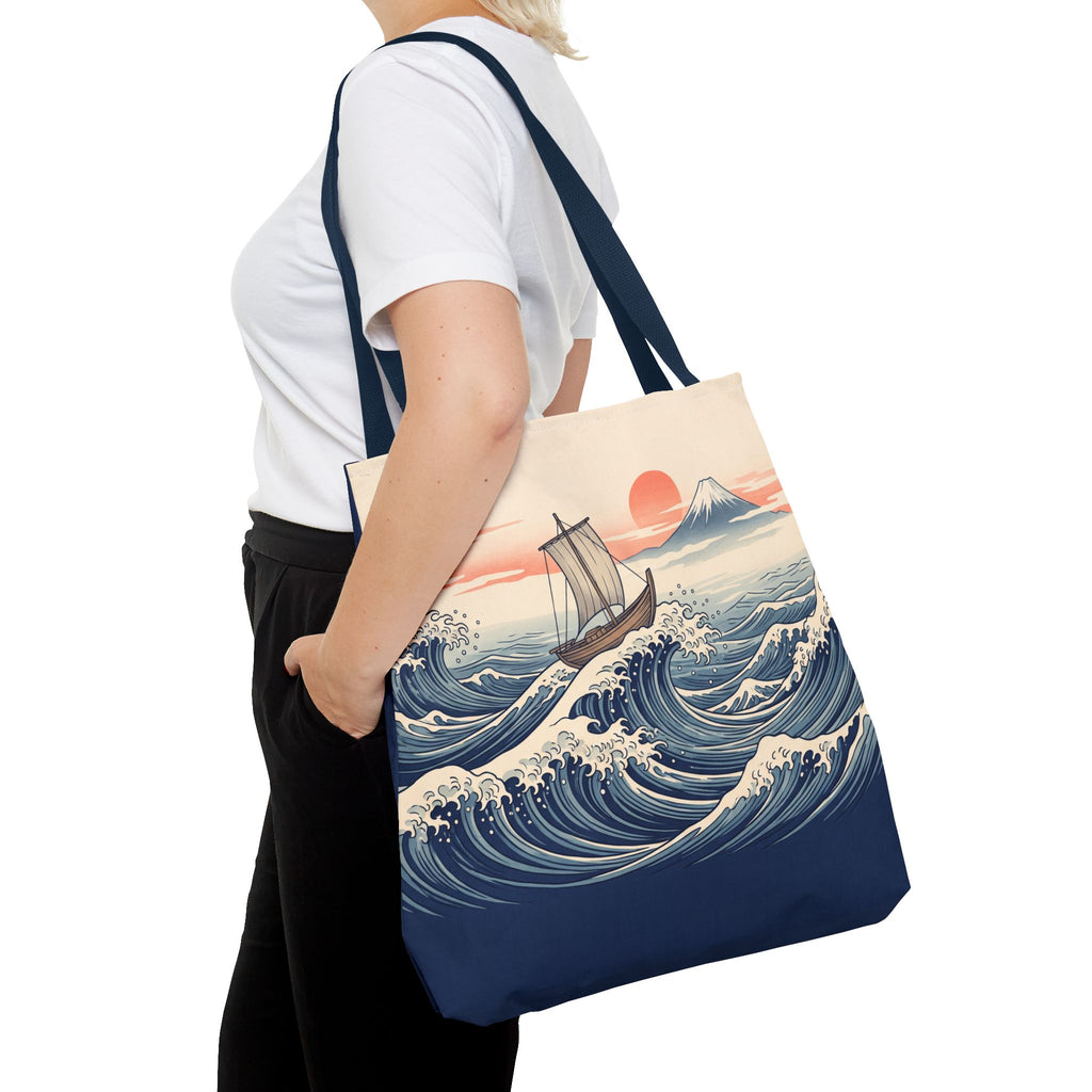 Japanese Wave Sailboat Tote Bag – Woodblock Style Ocean Beach Bag