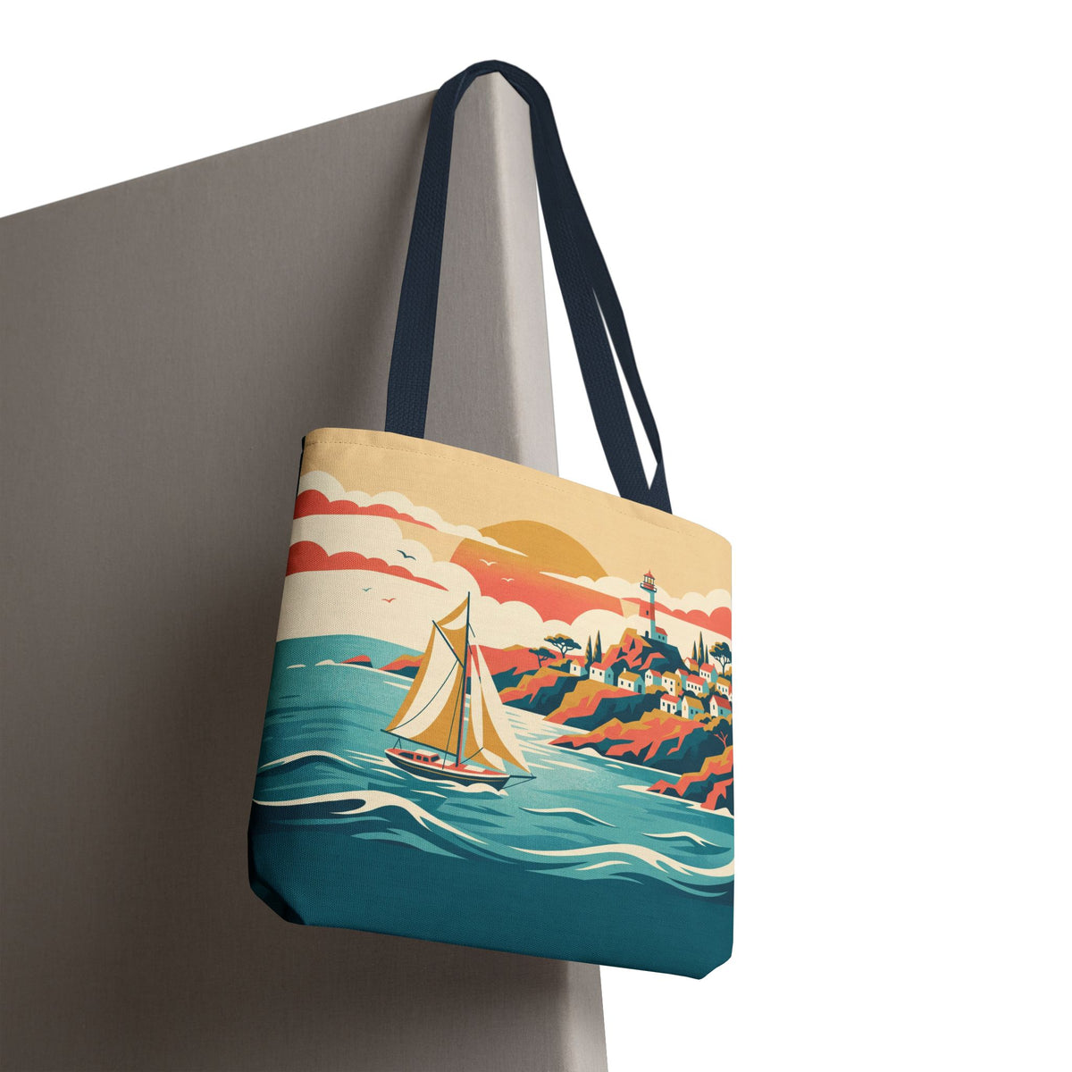 Coastal Lighthouse Sailboat Tote Bag – Retro Seaside Sunset Beach Bag