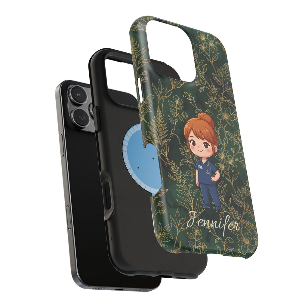 Personalized Nurse Botanical Phone Case — Impact-Resistant Wireless Charging Cover