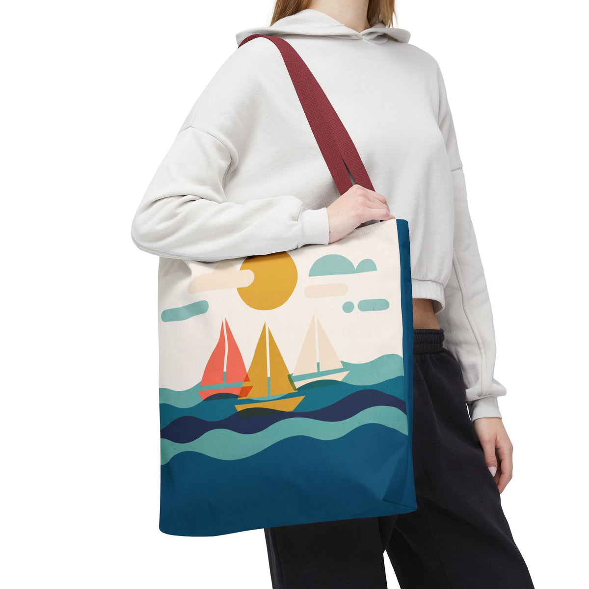 Minimalist Sailboat Tote Bag – Mid-Century Modern Ocean Waves Beach Bag