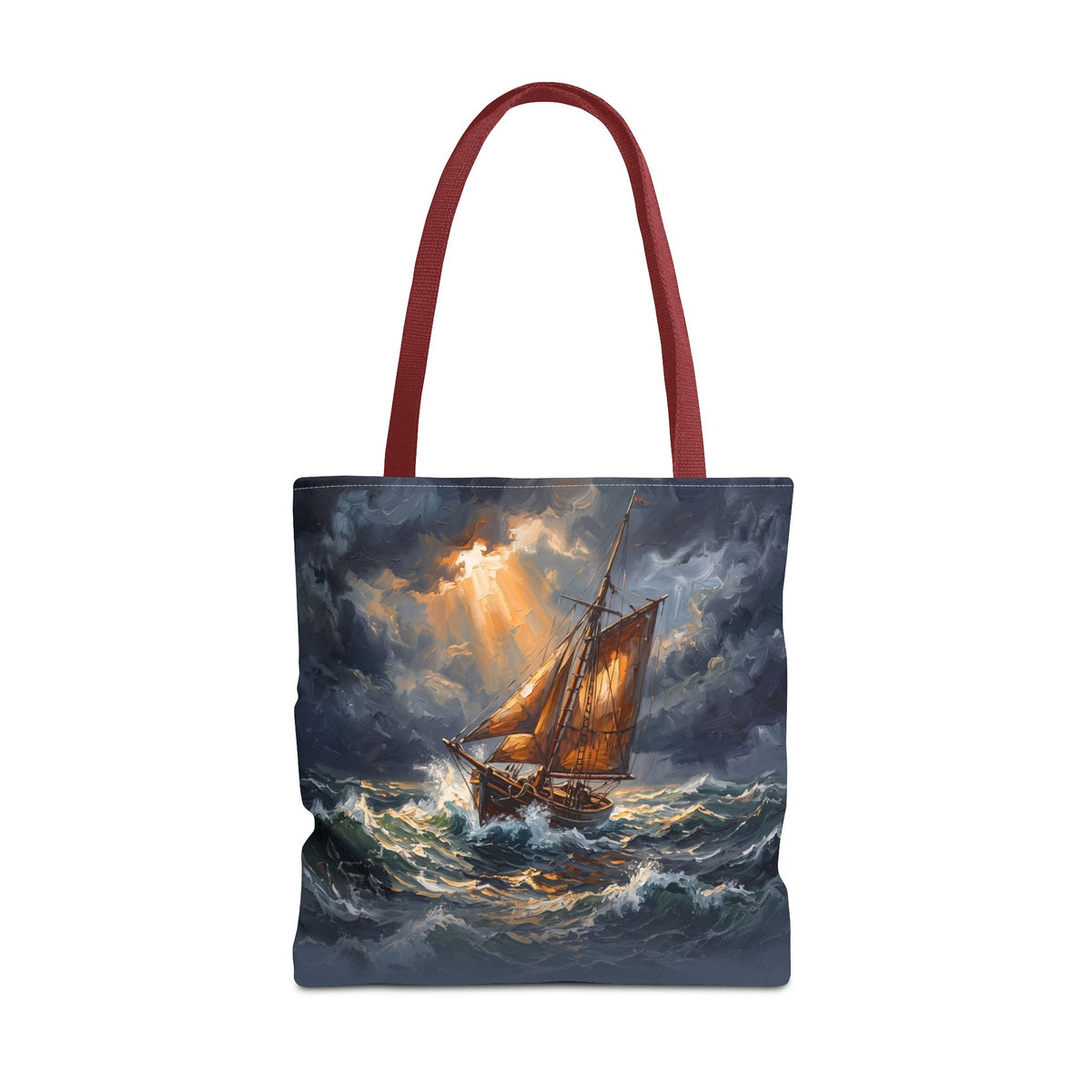Stormy Sea Sailing Ship Tote Bag – Dramatic Ocean Oil Painting Style Beach Bag