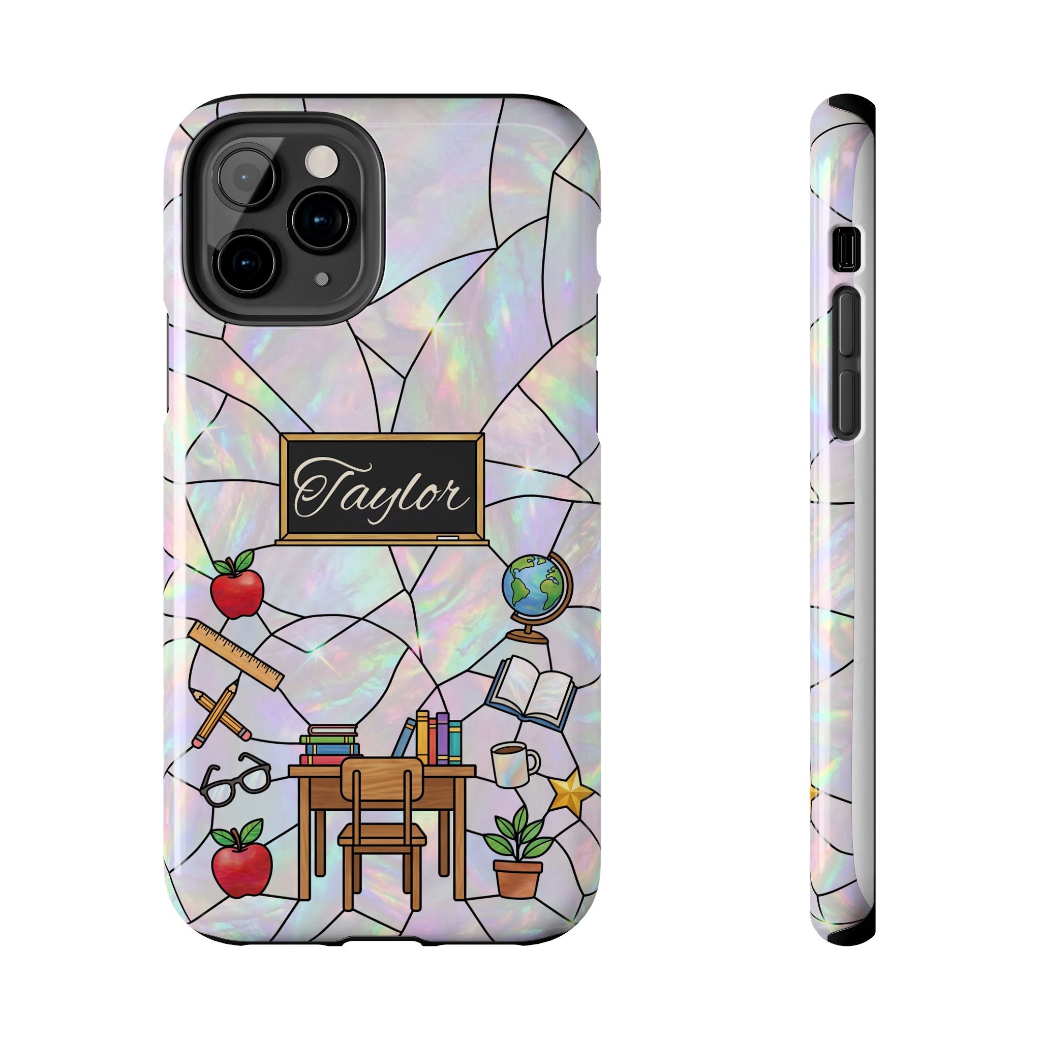 Personalized Teacher Phone Case — Custom Name Stained Glass Classroom Design