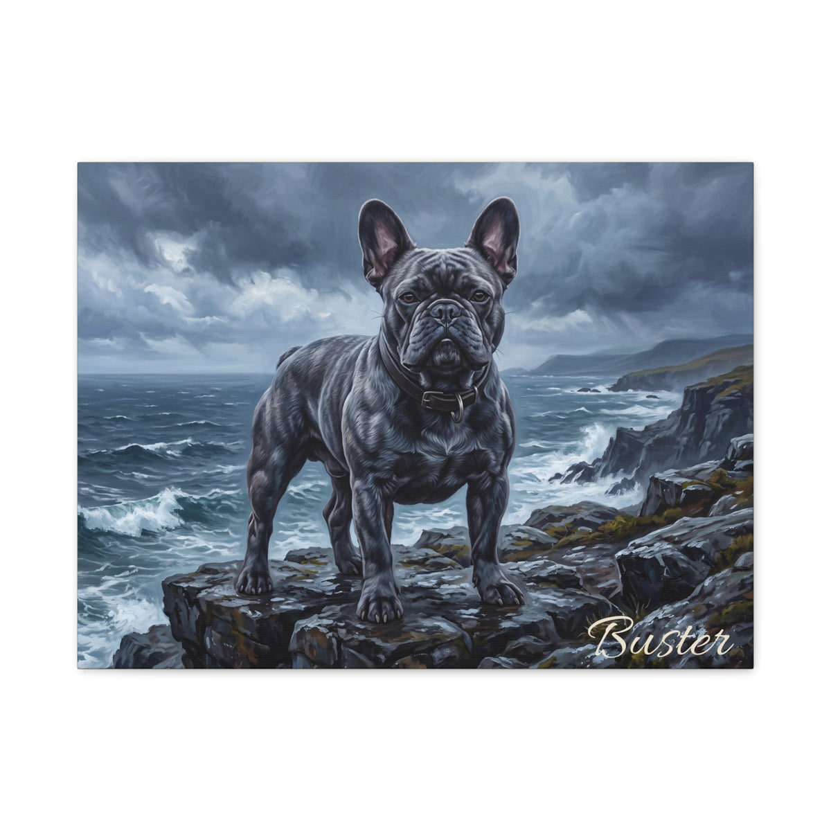 French Bulldog Personalized Canvas | Blue Frenchie Stormy Coastal Cliff Wall Art