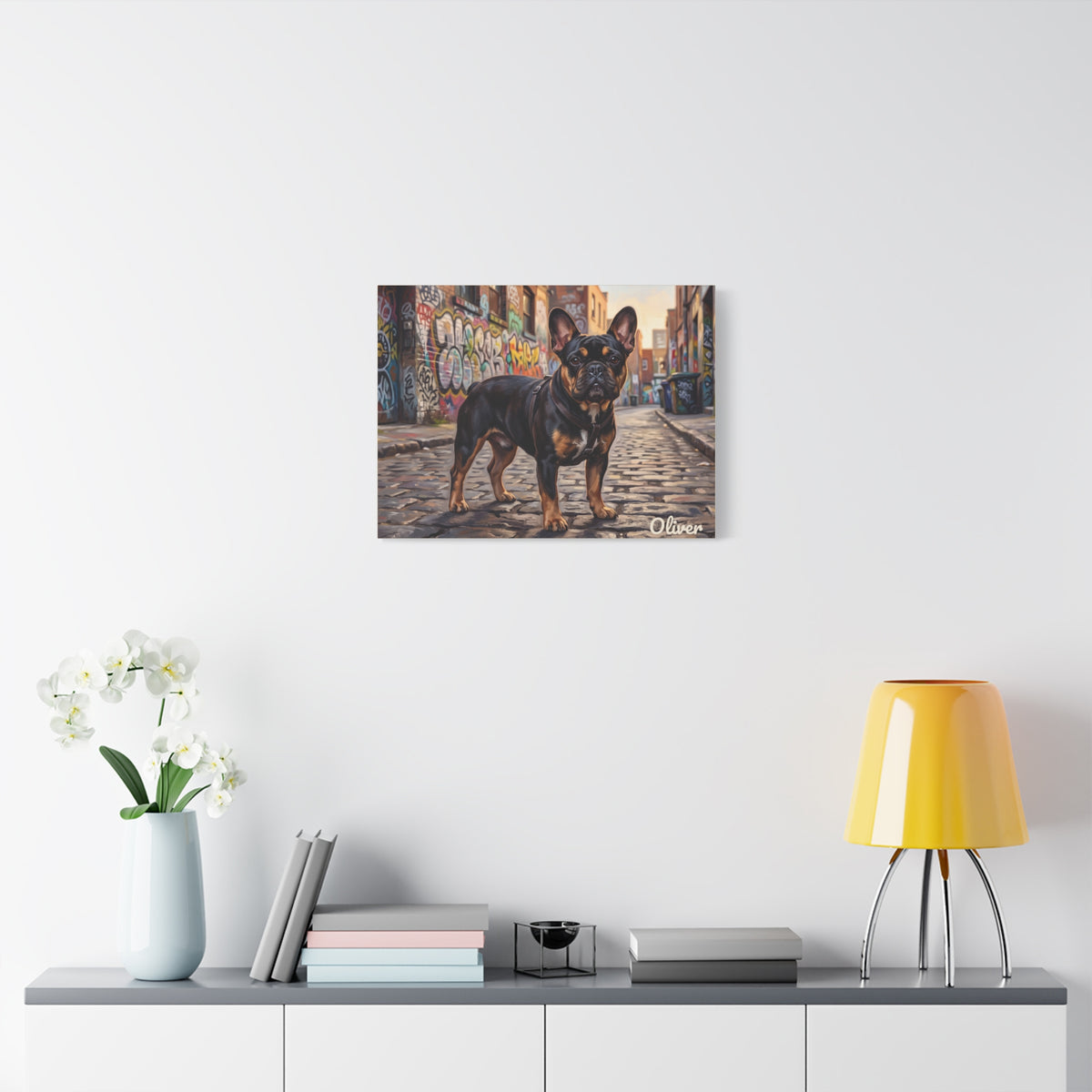 French Bulldog Personalized Canvas | Black and Tan Frenchie Graffiti Alley Wall Art