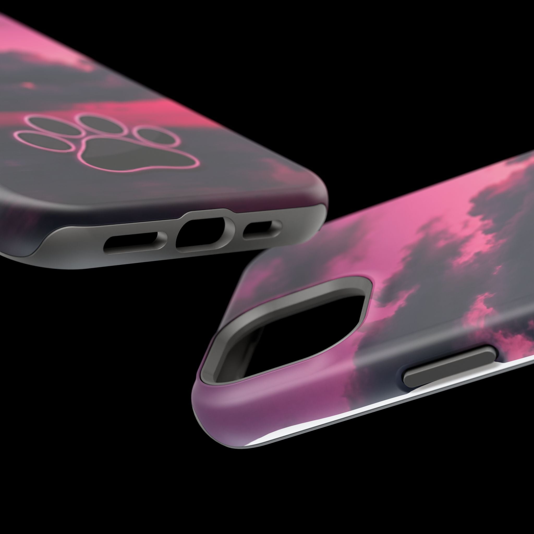 iPhone & Samsung Magnetic Impact-Resistant Phone Case — Pink Twilight Cloud with Paw Print