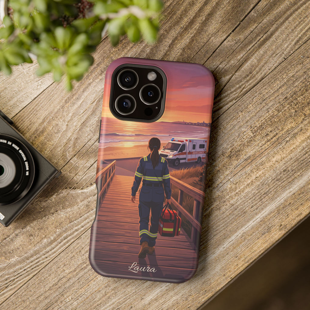 Sunset Boardwalk Personalized Paramedic Phone Case — Wireless Charging Cover