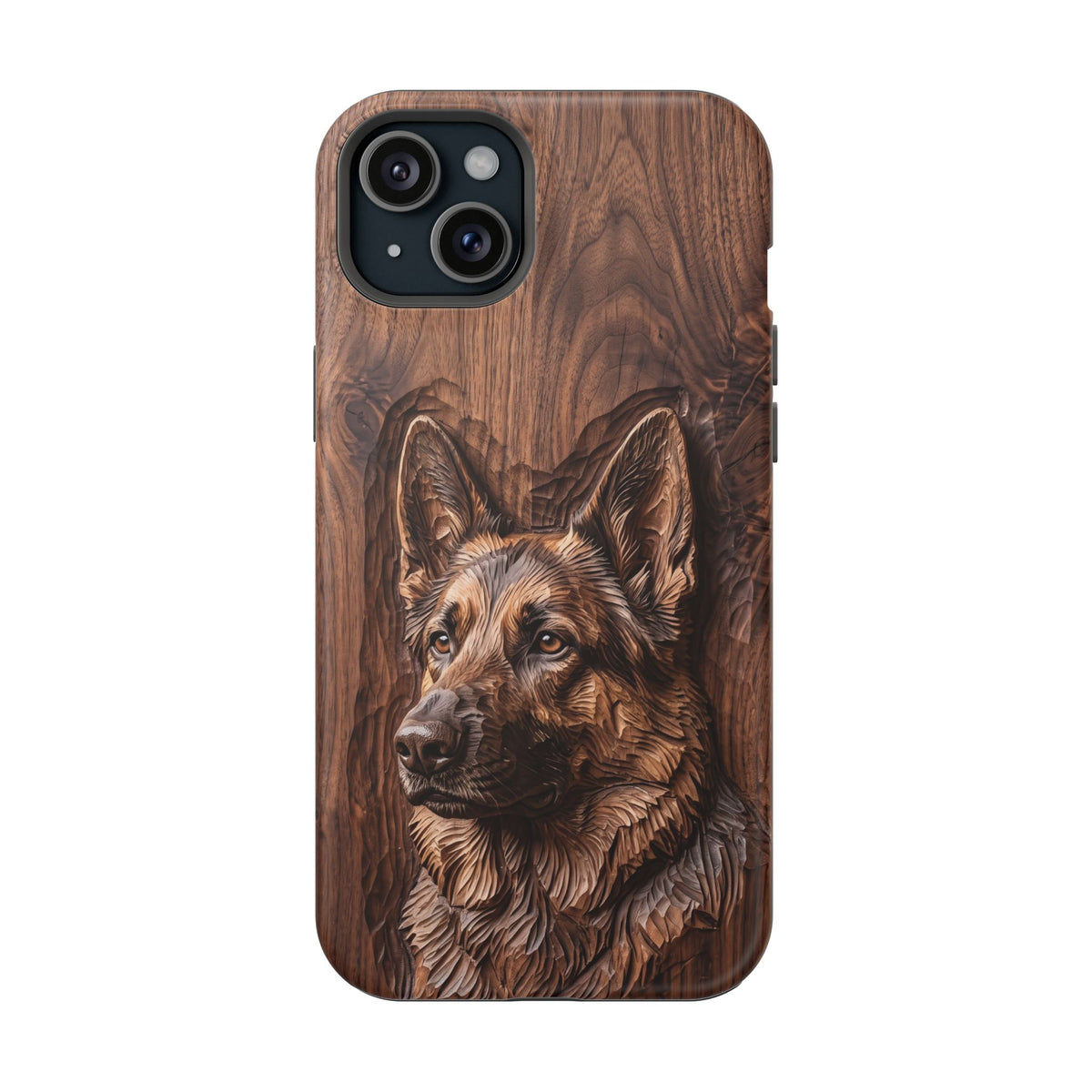 German Shepherd Phone Case | Carved Walnut Art — Tough Magnetic Case with Wireless Charging