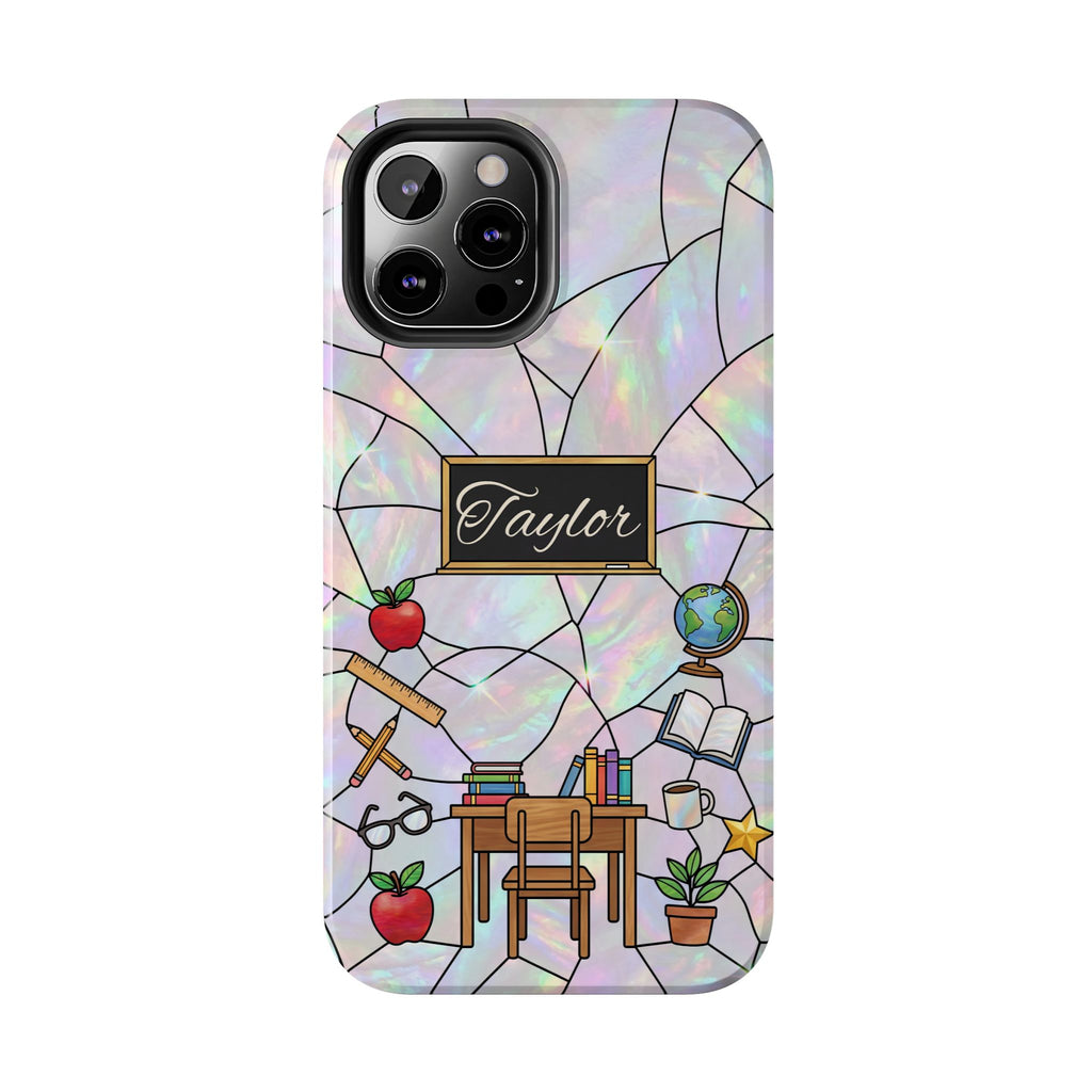 Personalized Teacher Phone Case — Custom Name Stained Glass Classroom Design