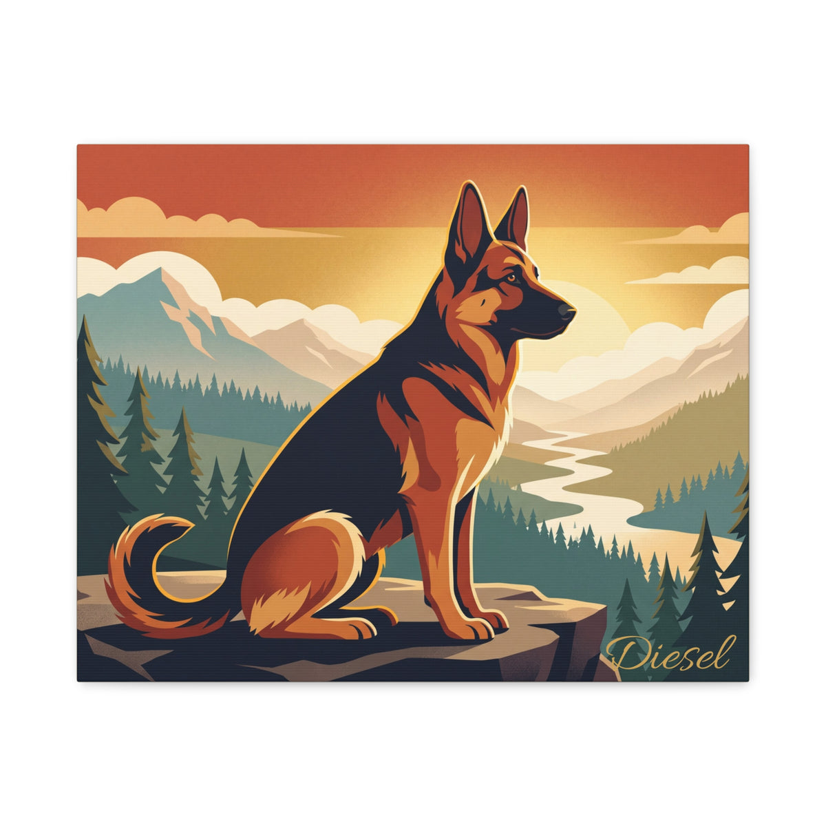 German Shepherd Personalized Canvas | Retro Mountain Adventure Wall Art
