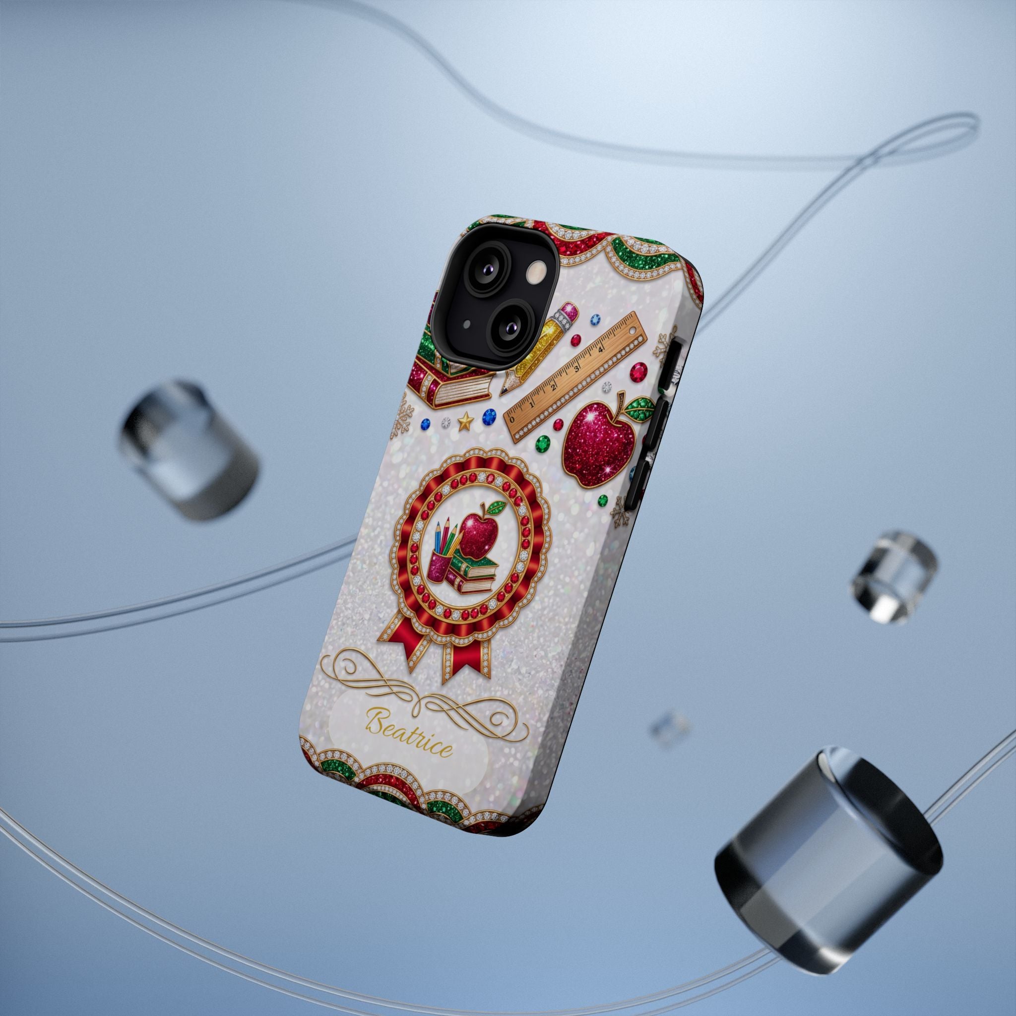 Jeweled Apple Medallion Personalized Teacher Phone Case — Wireless Charging Cover