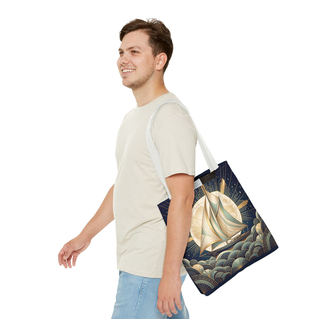 Art Deco Moonlit Sailboat Tote Bag – Starry Night Nautical Beach Bag