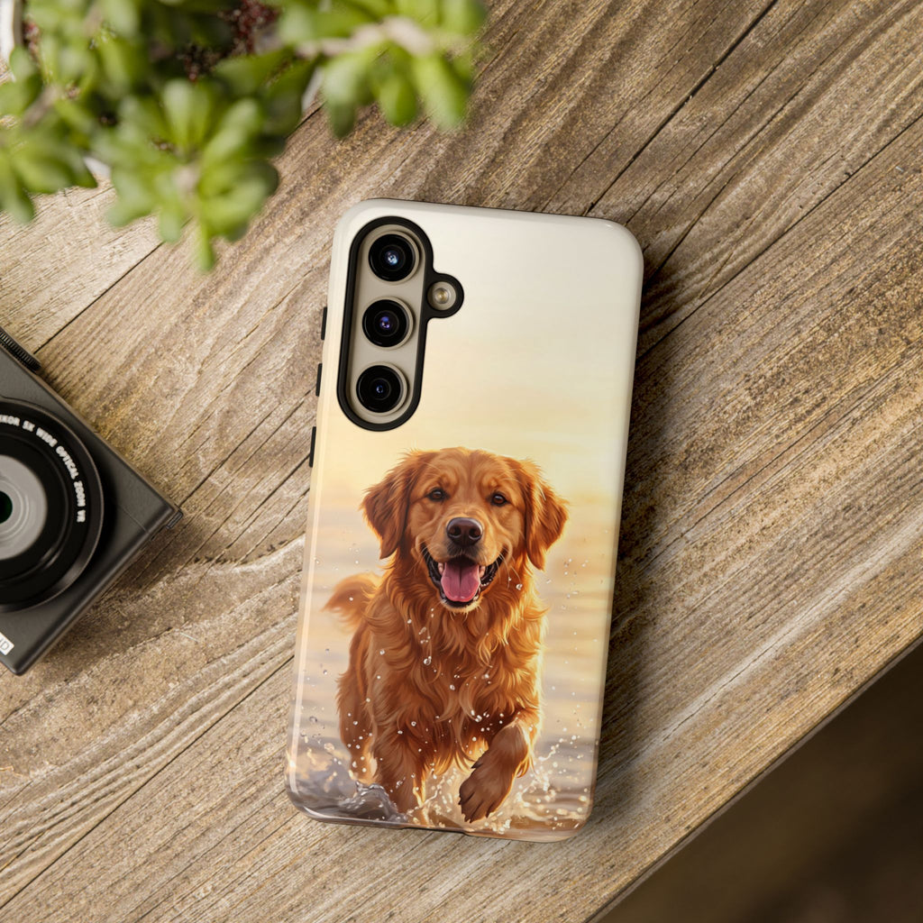 Golden Retriever Splashing in Water Phone Case | Joyful Dog at Golden Hour | iPhone & Samsung