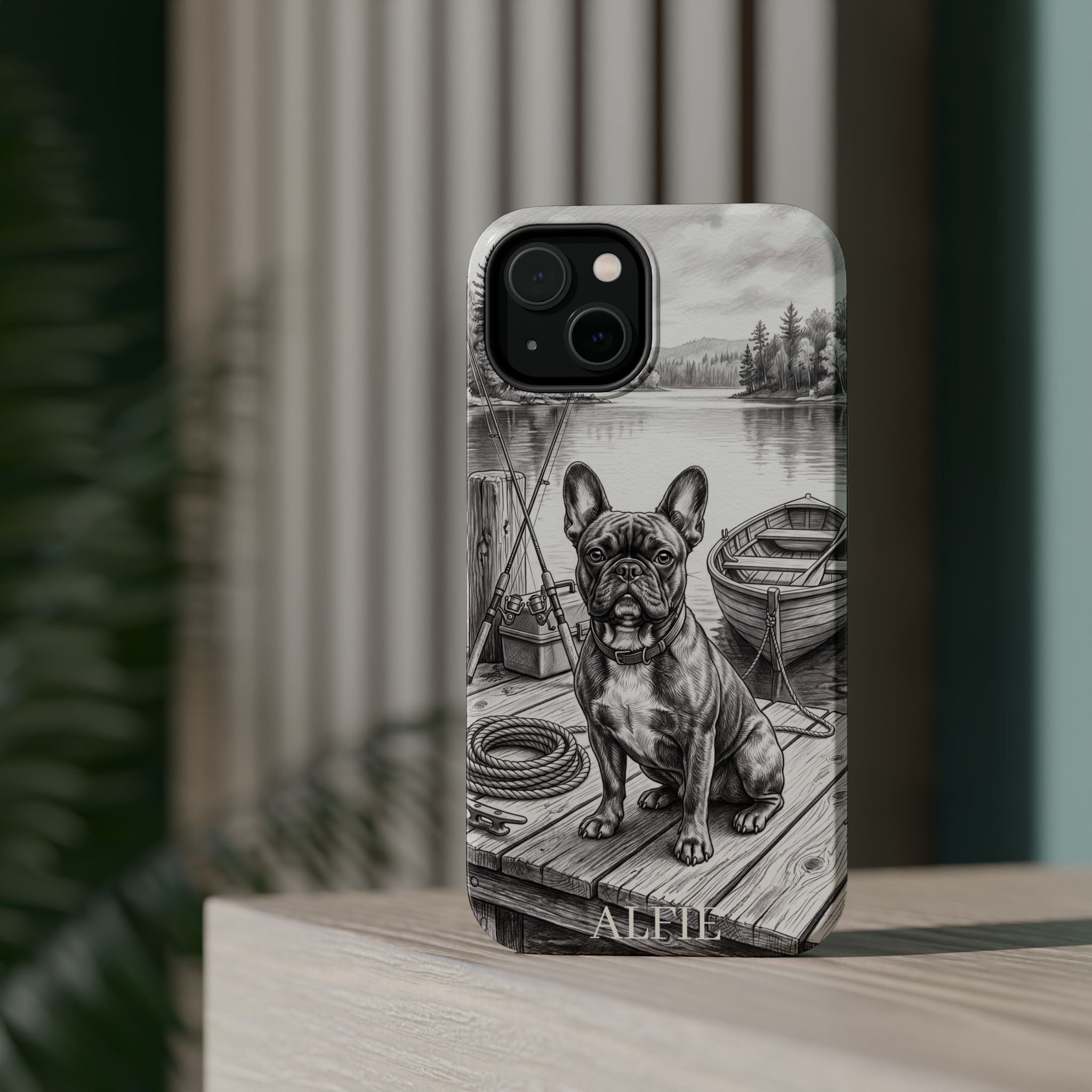 Personalized French Bulldog Lakeside Dock Phone Case — Wireless Charging Cover