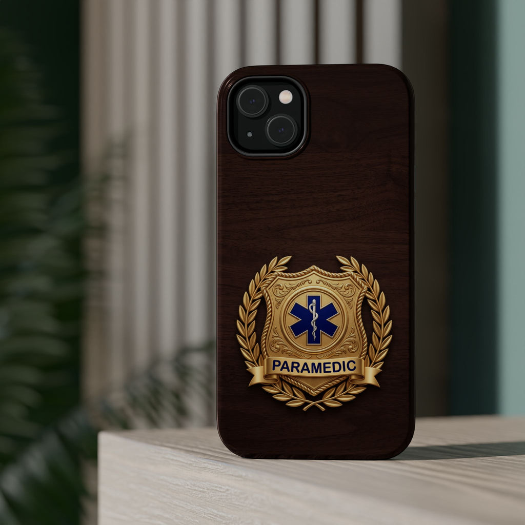 Gold Paramedic Laurel Badge Wood Phone Case — Magnetic Wireless Charging Cover
