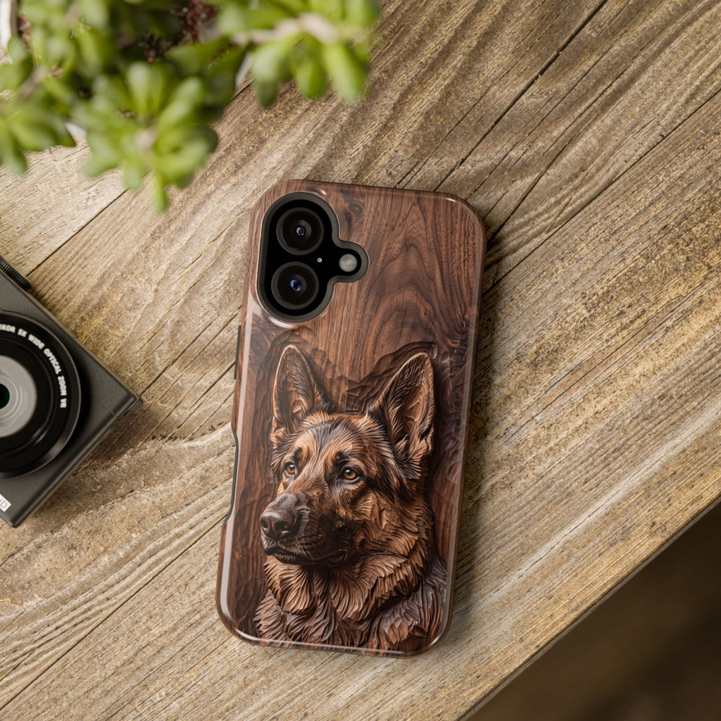 German Shepherd Phone Case | Carved Walnut Art — Tough Magnetic Case with Wireless Charging