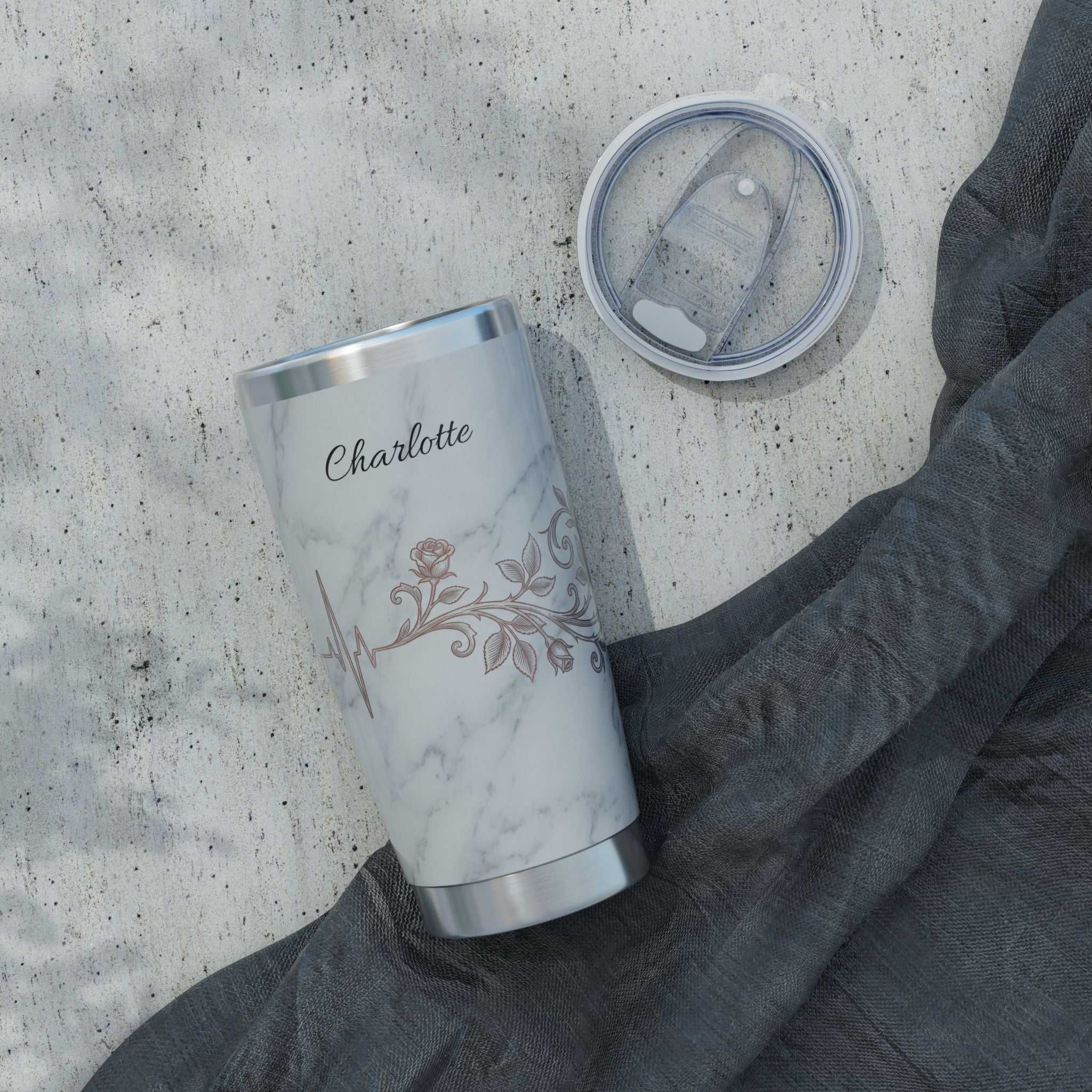 Personalized Marble Floral Tumbler – Custom Name Rose Gold Design 20 oz