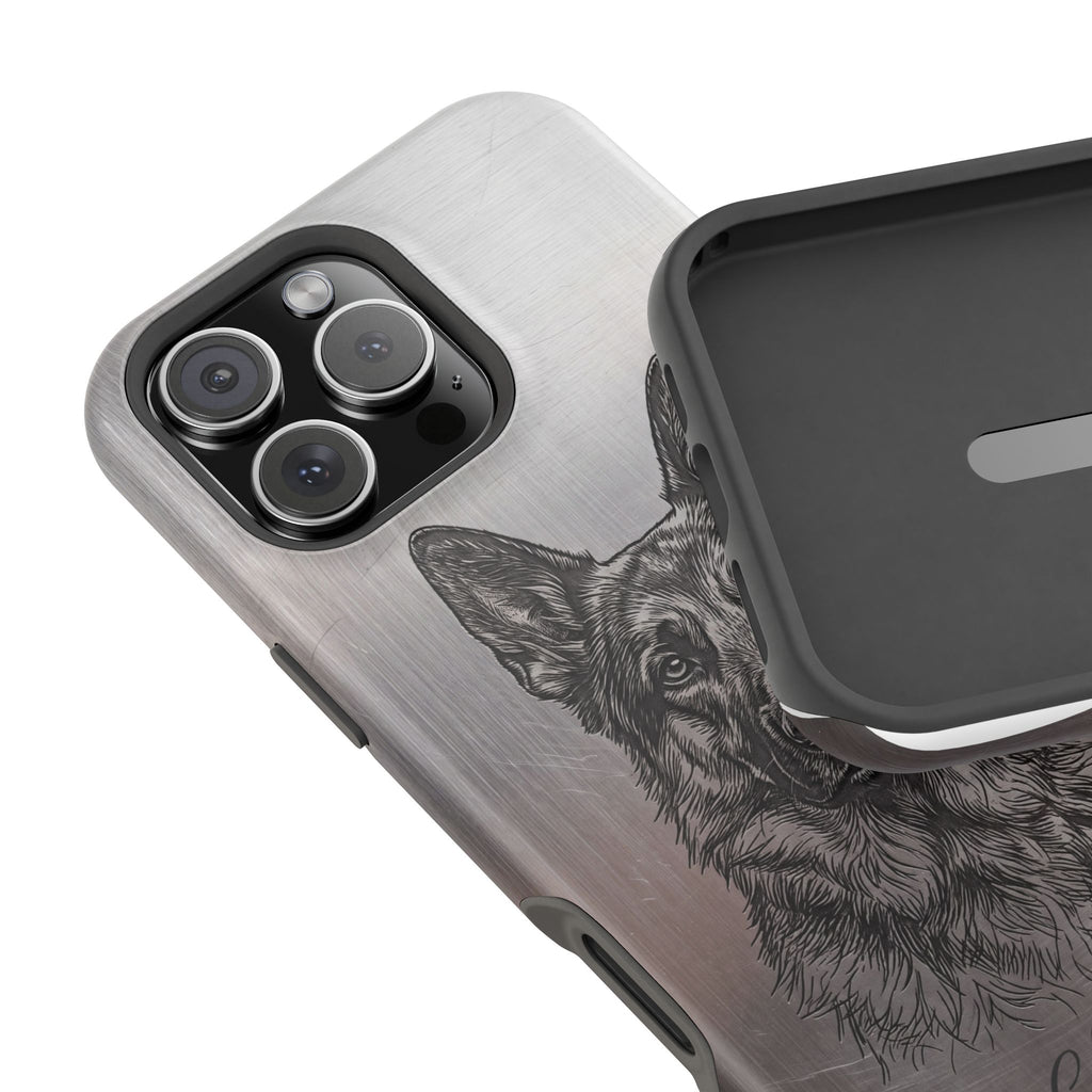 German Shepherd Phone Case | Personalized Etched Silver Art — Tough Magnetic Case with Wireless Charging