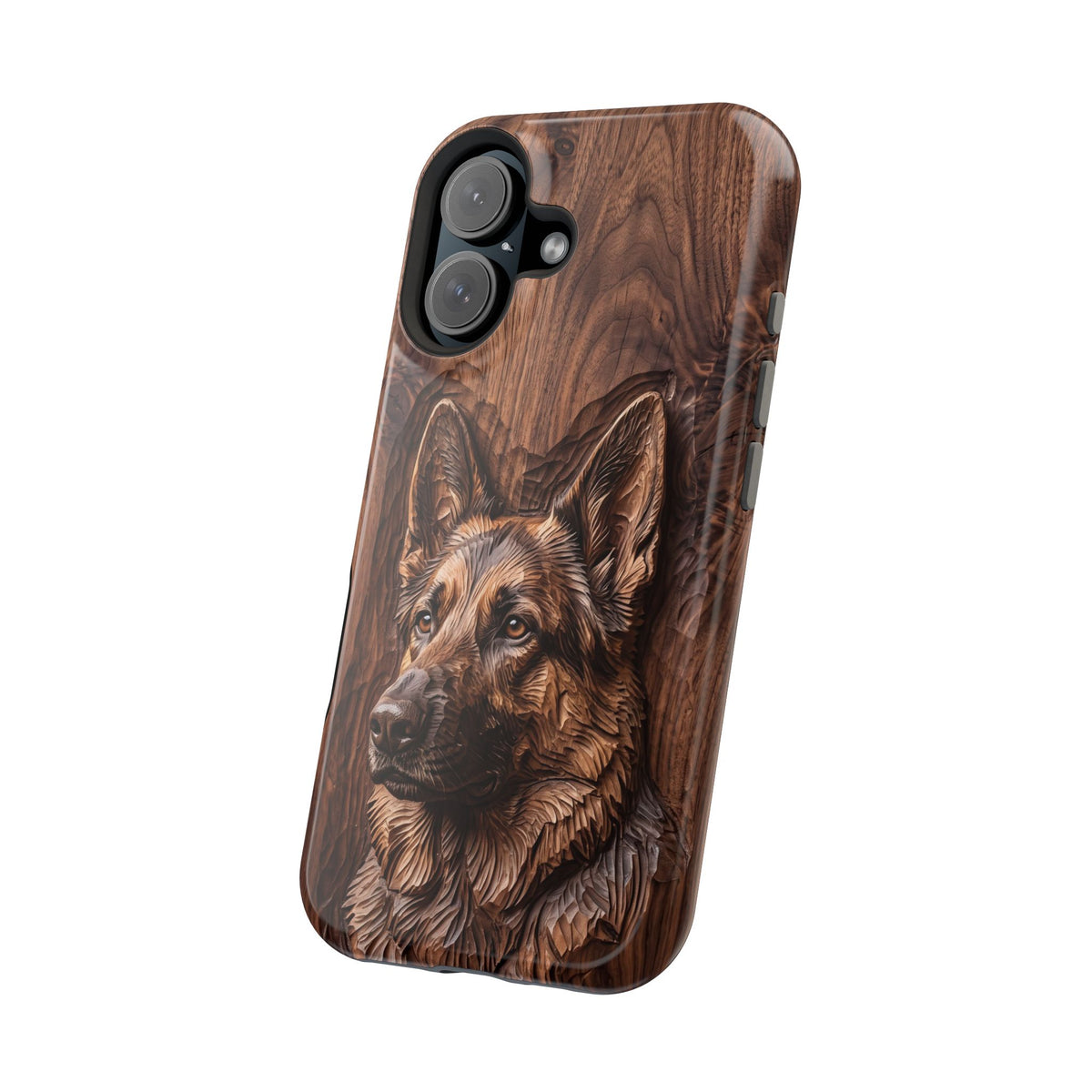 German Shepherd Phone Case | Carved Walnut Art — Tough Magnetic Case with Wireless Charging