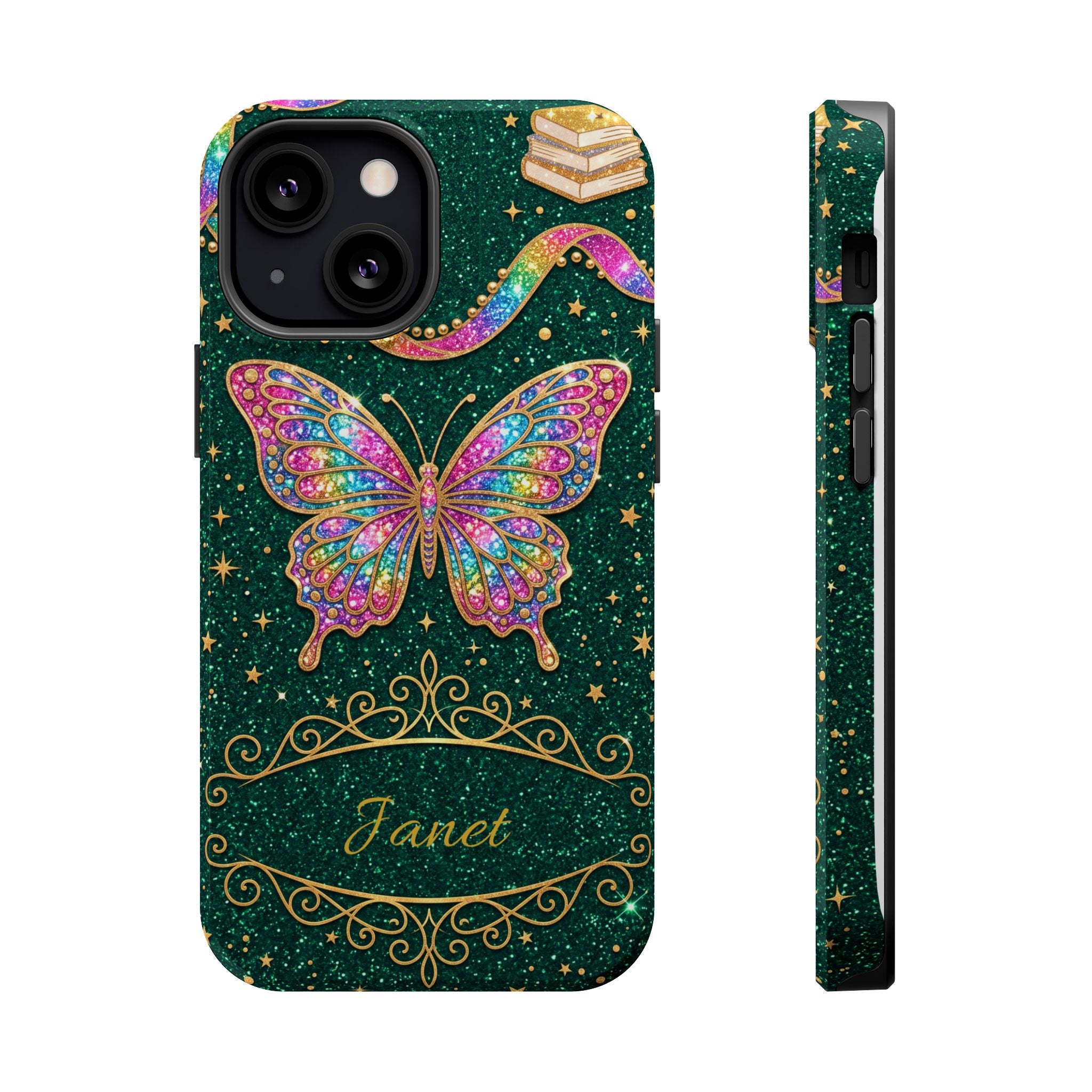 Rainbow Glitter Butterfly Personalized Teacher Phone Case — Wireless Charging Cover
