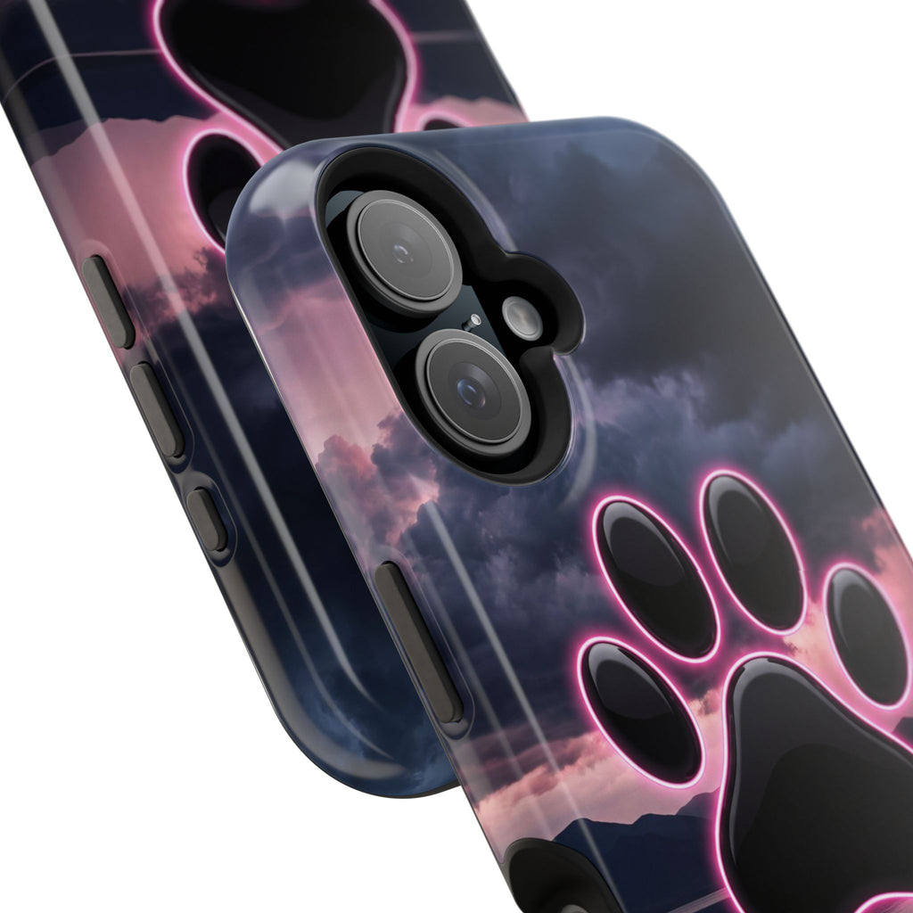 Neon Paw Print Phone Case — Impact-Resistant Wireless Charging Cover