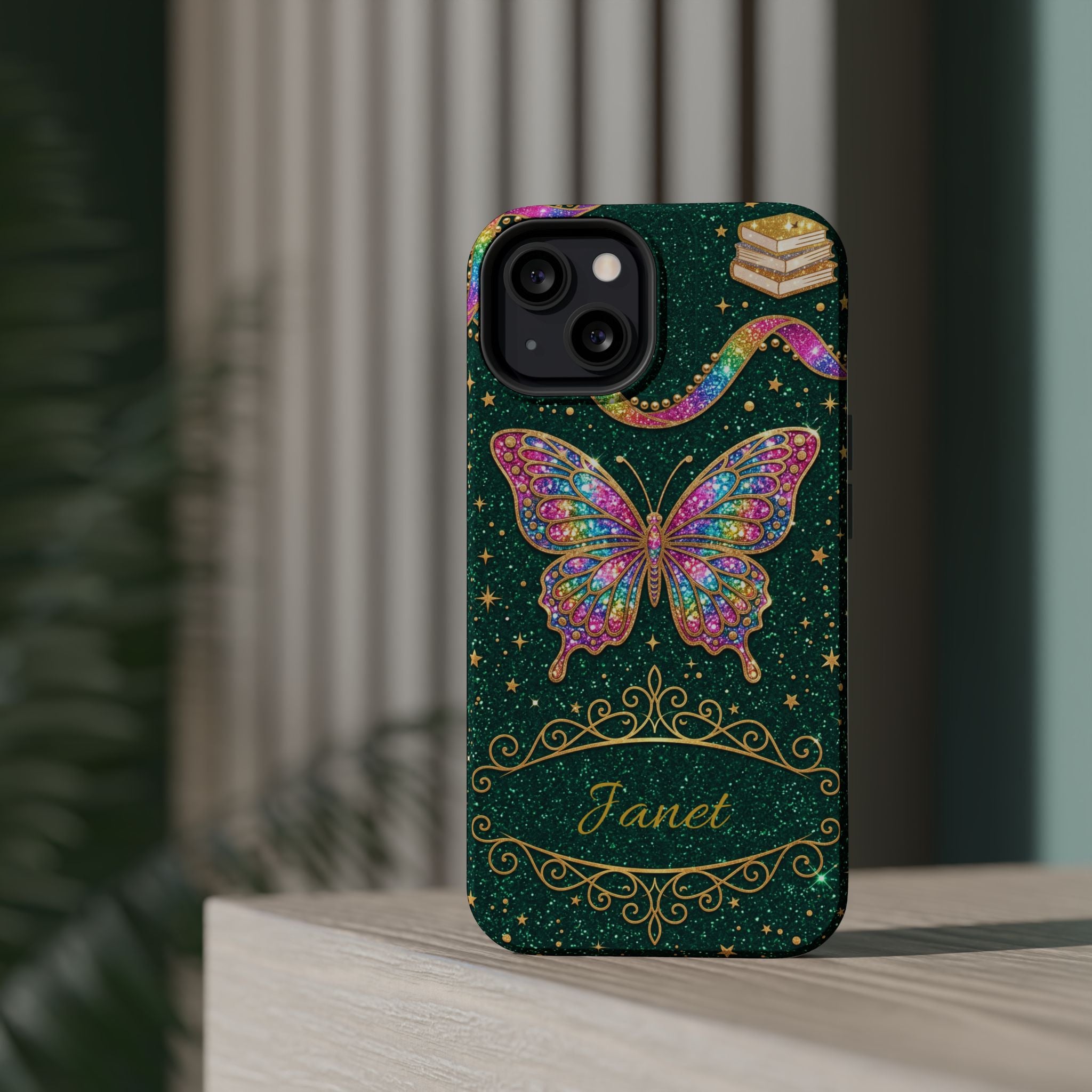 Rainbow Glitter Butterfly Personalized Teacher Phone Case — Wireless Charging Cover
