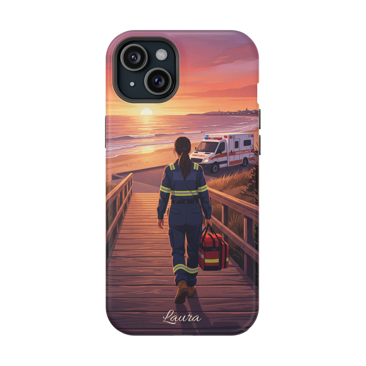 Sunset Boardwalk Personalized Paramedic Phone Case — Wireless Charging Cover