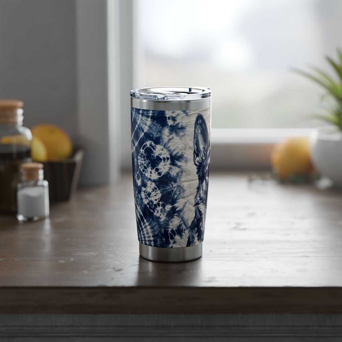 German Shepherd Personalized Tumbler | Indigo Shibori Art — 20 oz Stainless Travel Mug