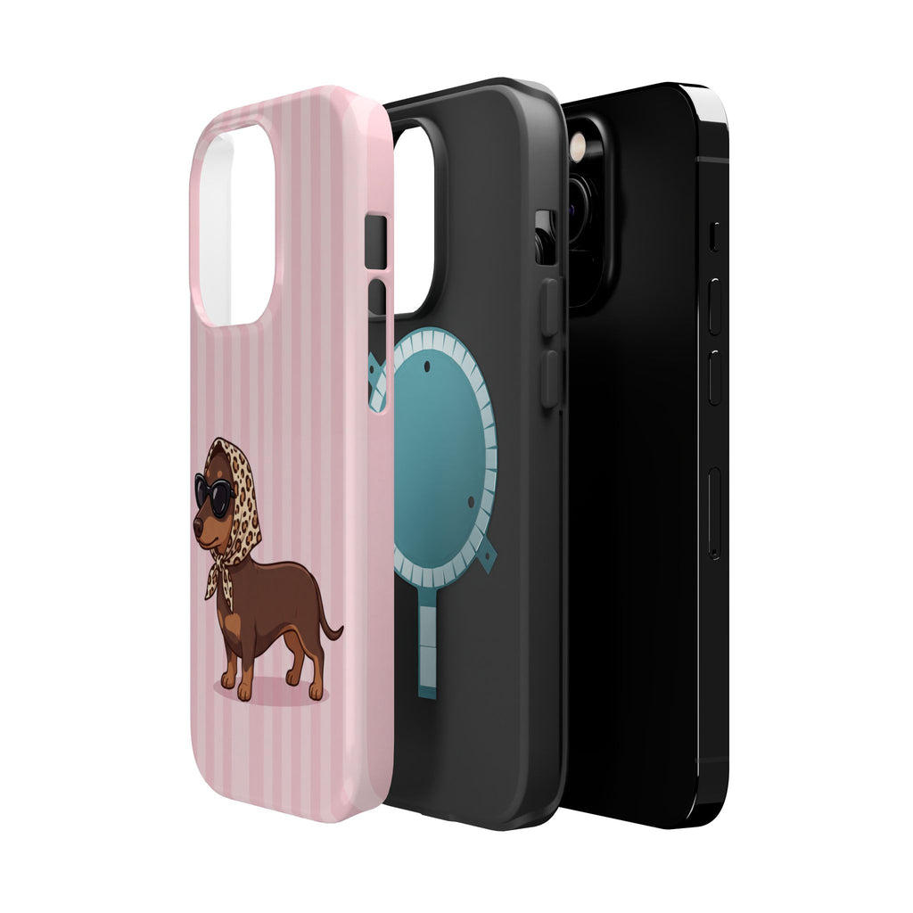 Glam Dachshund Phone Case | Cute Sausage Dog in Leopard Scarf & Sunglasses | Pink Stripe Case for iPhone & Samsung