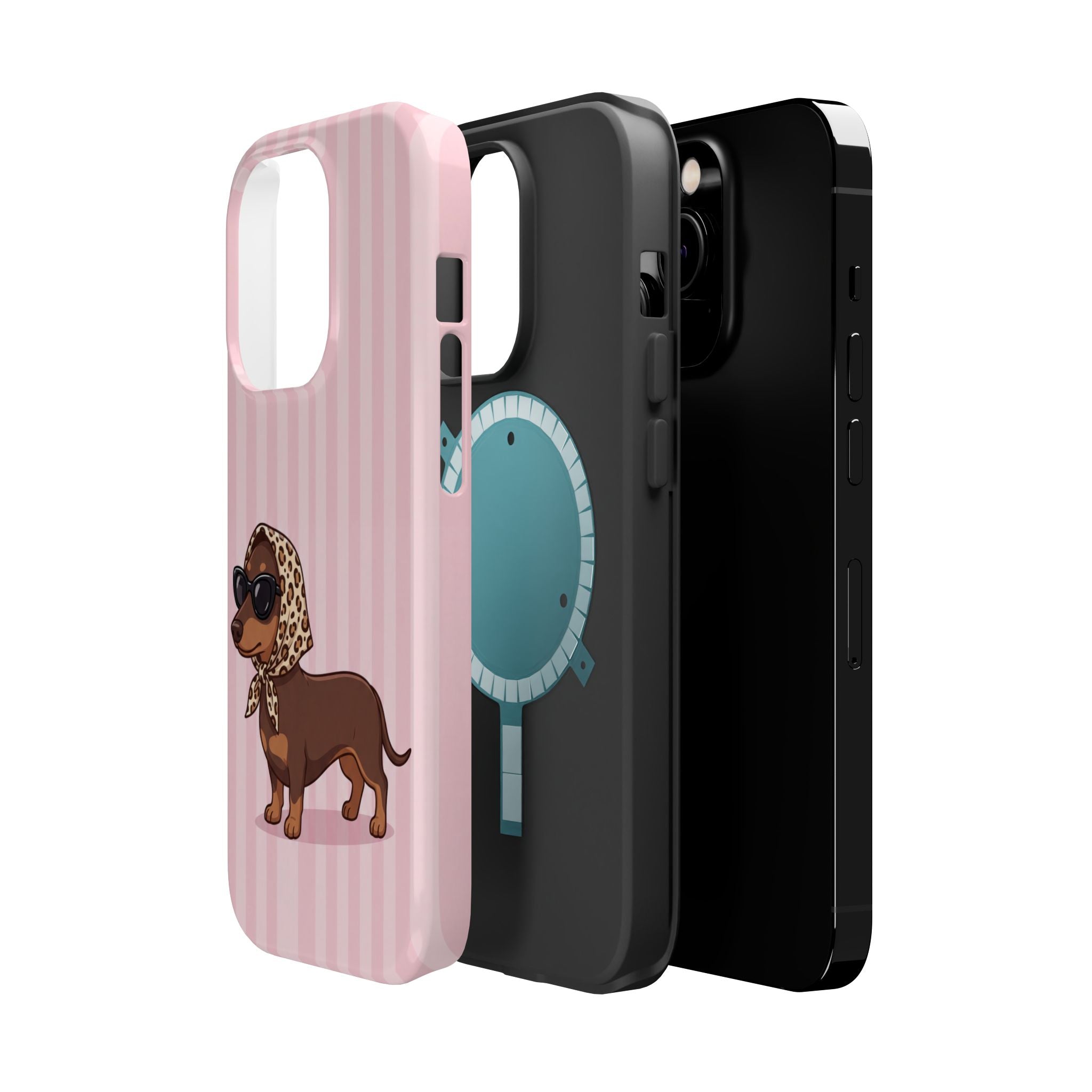 Glam Dachshund Phone Case | Cute Sausage Dog in Leopard Scarf & Sunglasses | Pink Stripe Case for iPhone & Samsung