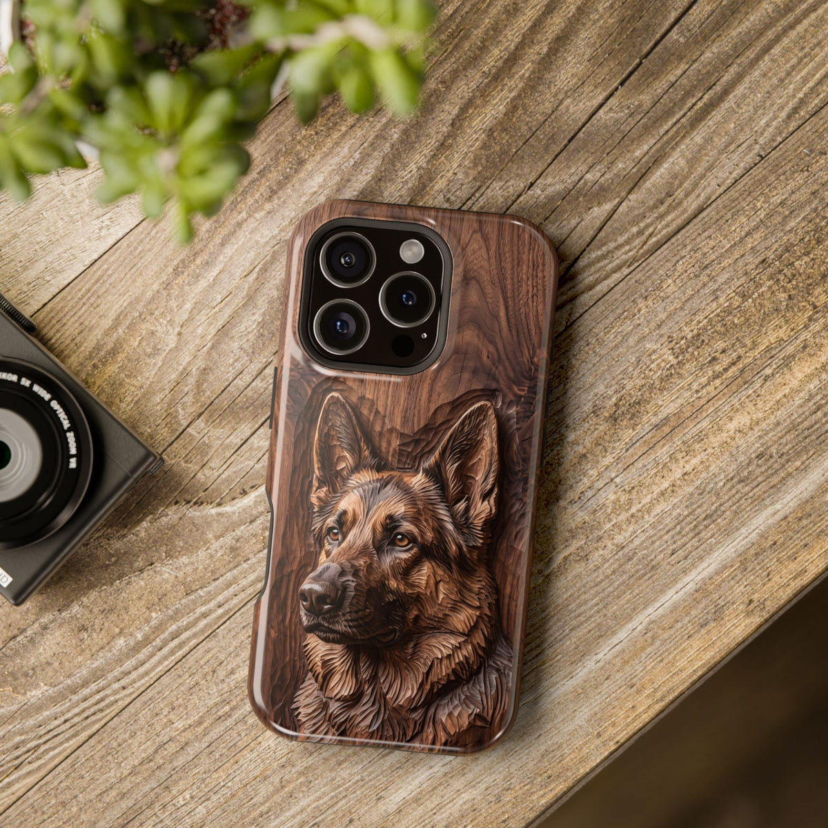 German Shepherd Phone Case | Carved Walnut Art — Tough Magnetic Case with Wireless Charging