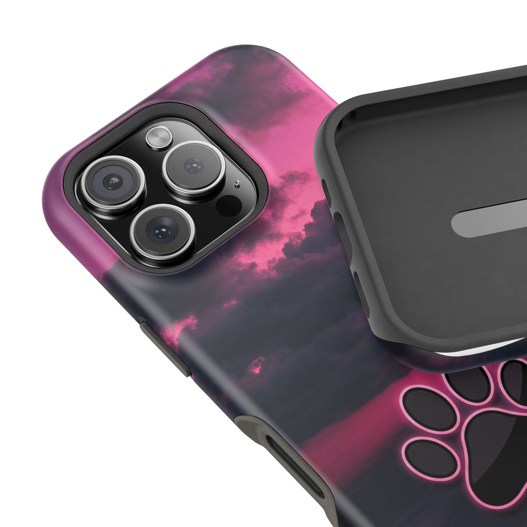 iPhone & Samsung Magnetic Impact-Resistant Phone Case — Pink Twilight Cloud with Paw Print